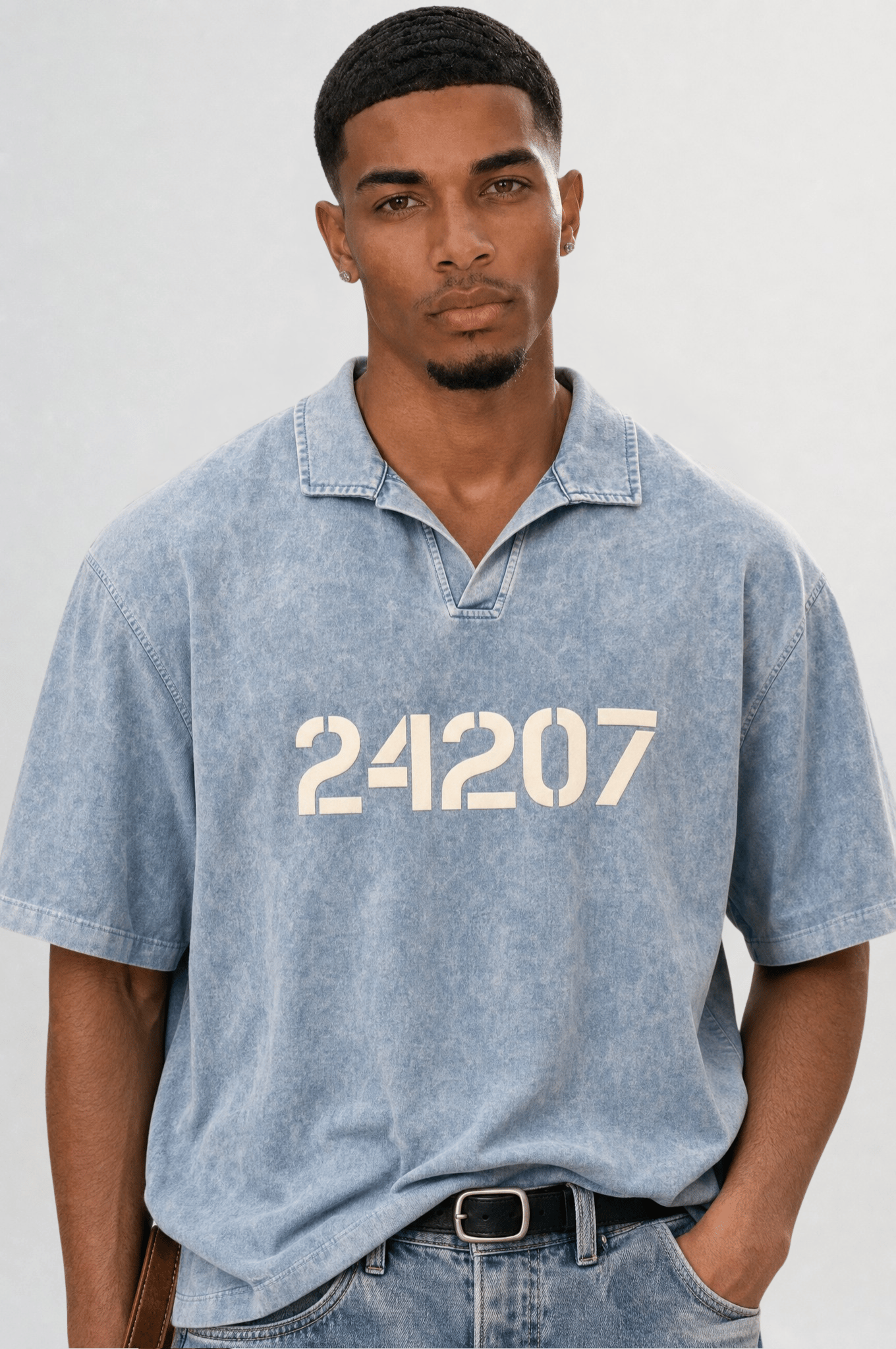 Erkek 24207 Baskılı Yıkamalı Oversize T-Shirt Mavi