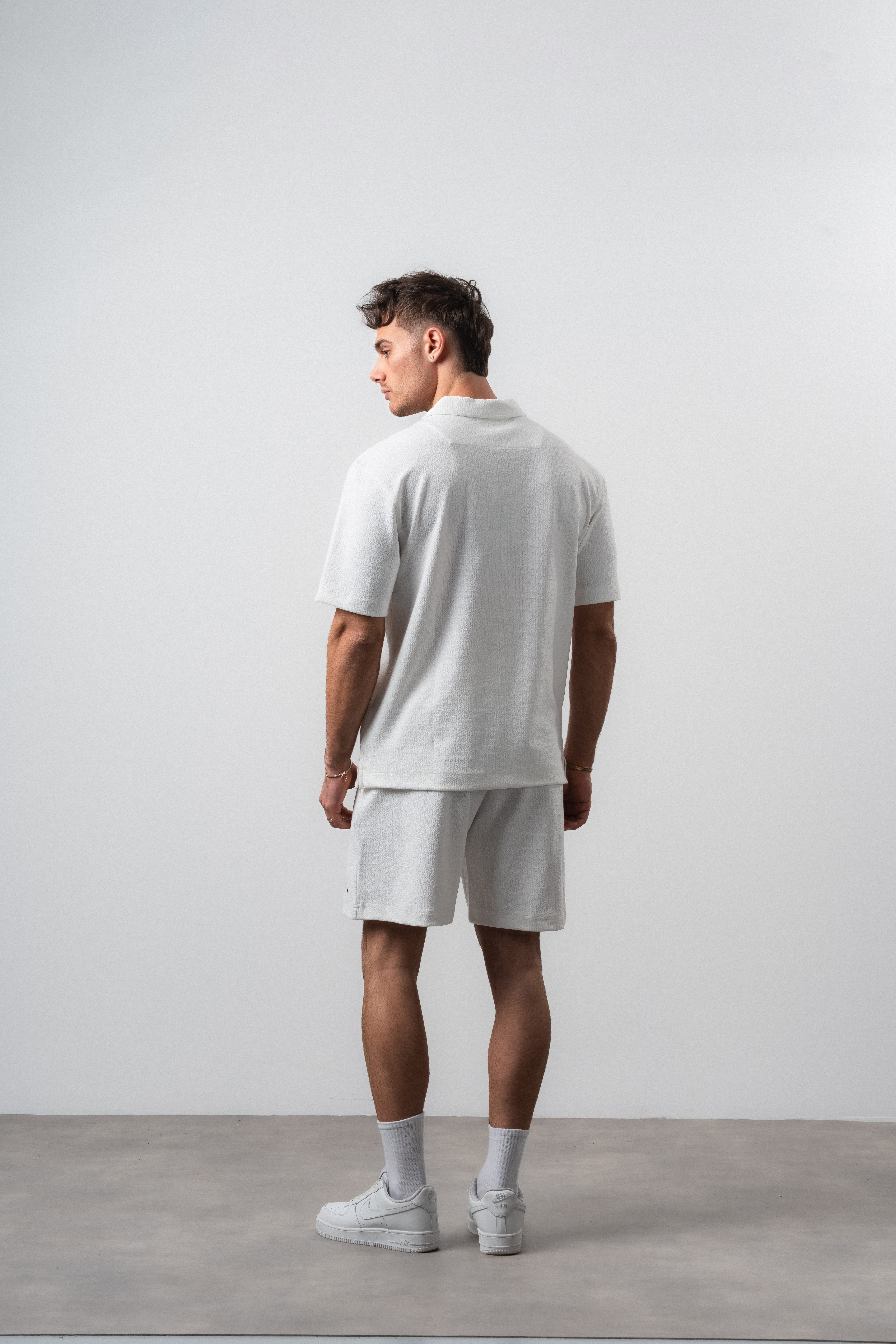 Erkek 2FLYY Yazılı Yarım Fermuarlı Regular Fit T-Shirt Şort Takım Ekru