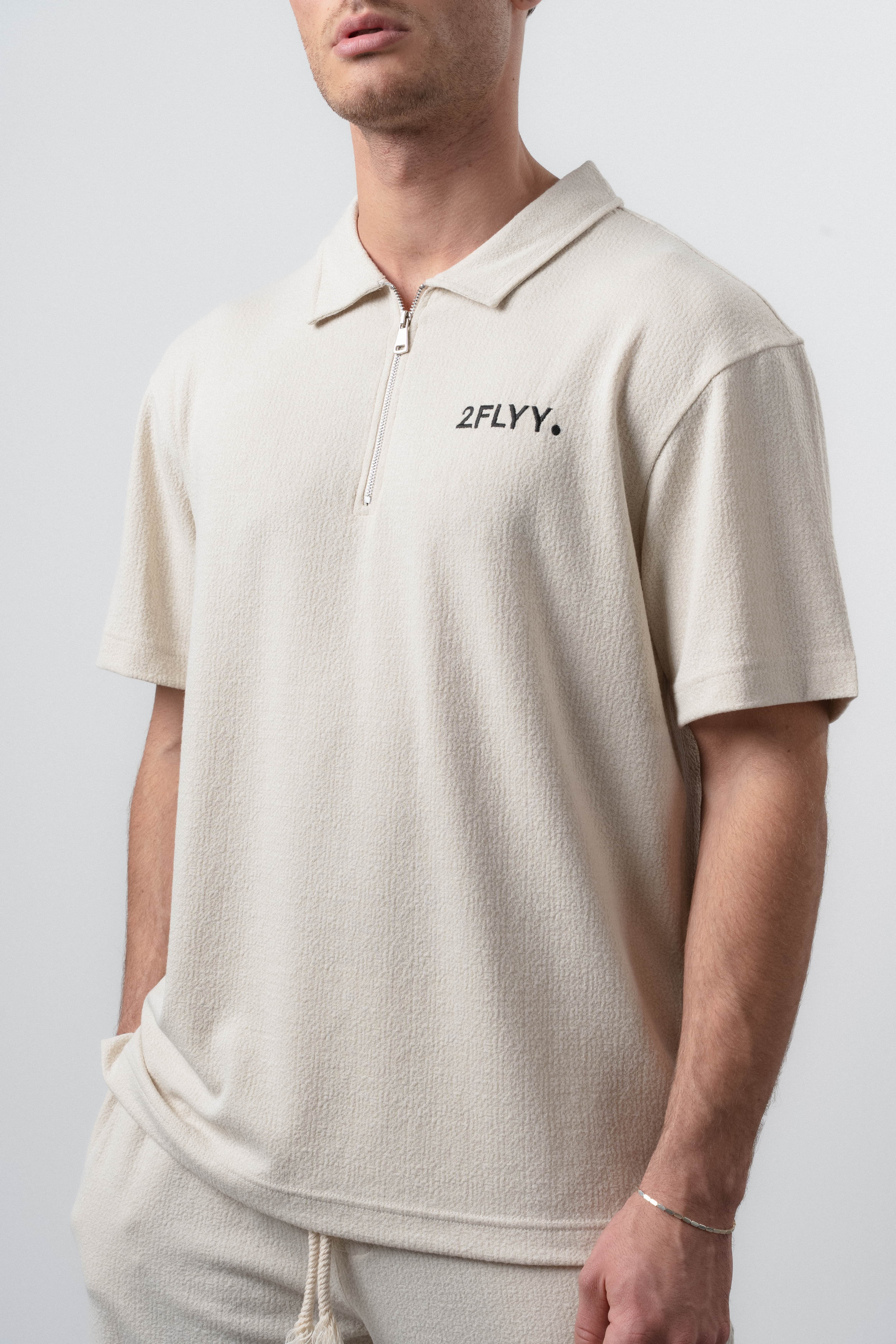 Erkek 2FLYY Yazılı Yarım Fermuarlı Regular Fit T-Shirt Şort Takım Bej