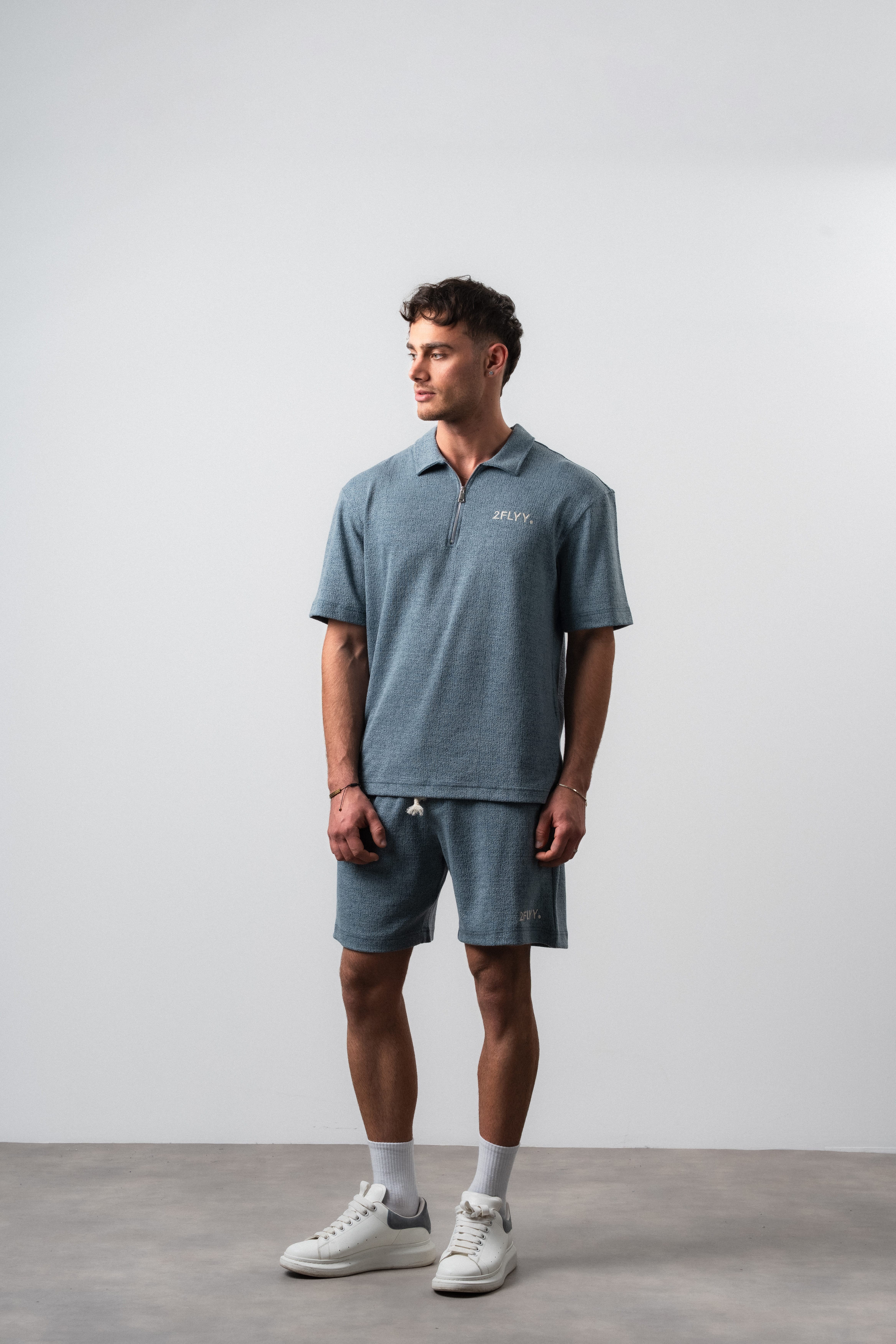 Erkek 2FLYY Yazılı Yarım Fermuarlı Regular Fit T-Shirt Şort Takım Petrol