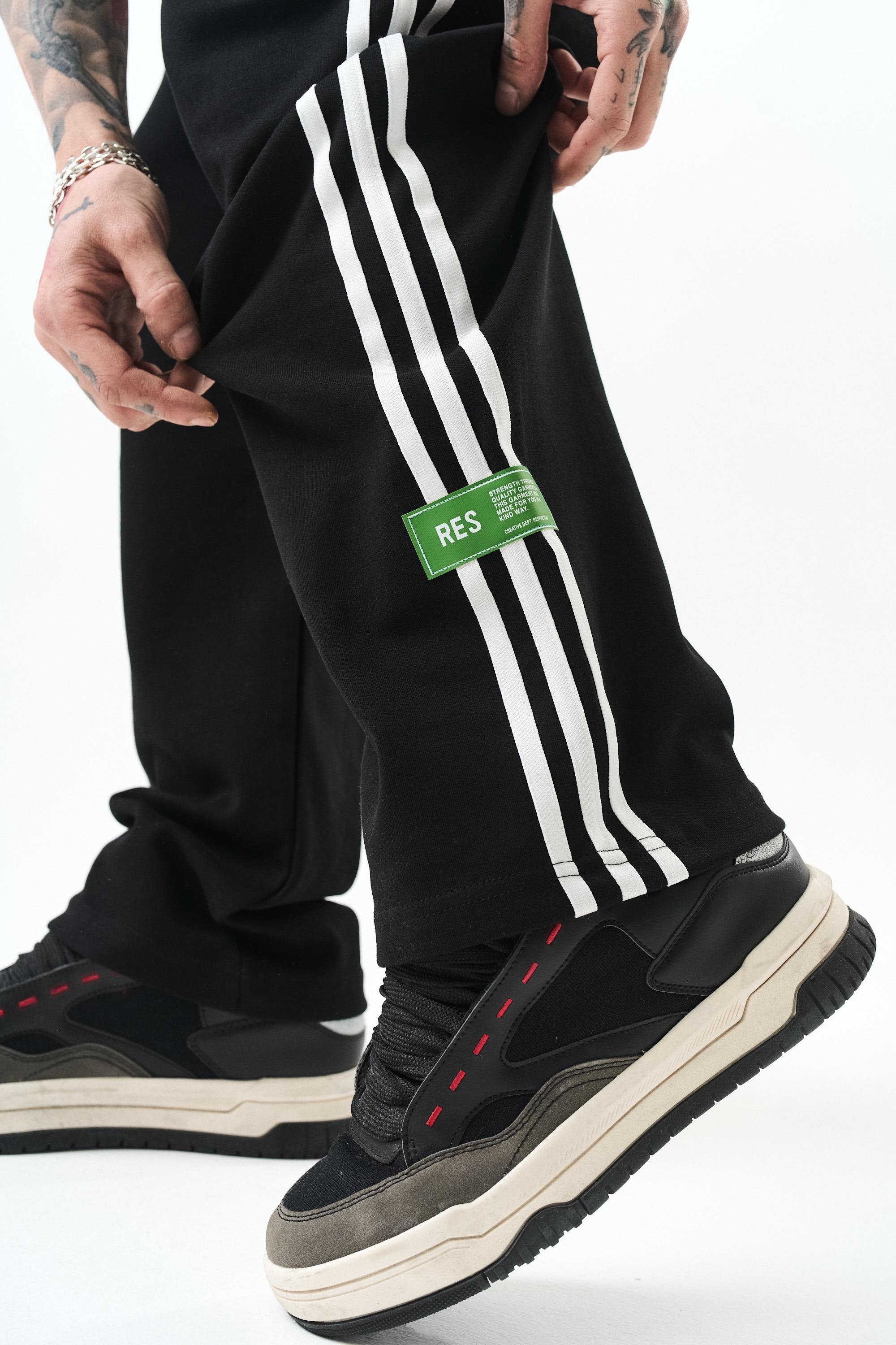 Erkek 3'lü Şerit Detaylı İnterlok Baggy Eşofman Altı Siyah