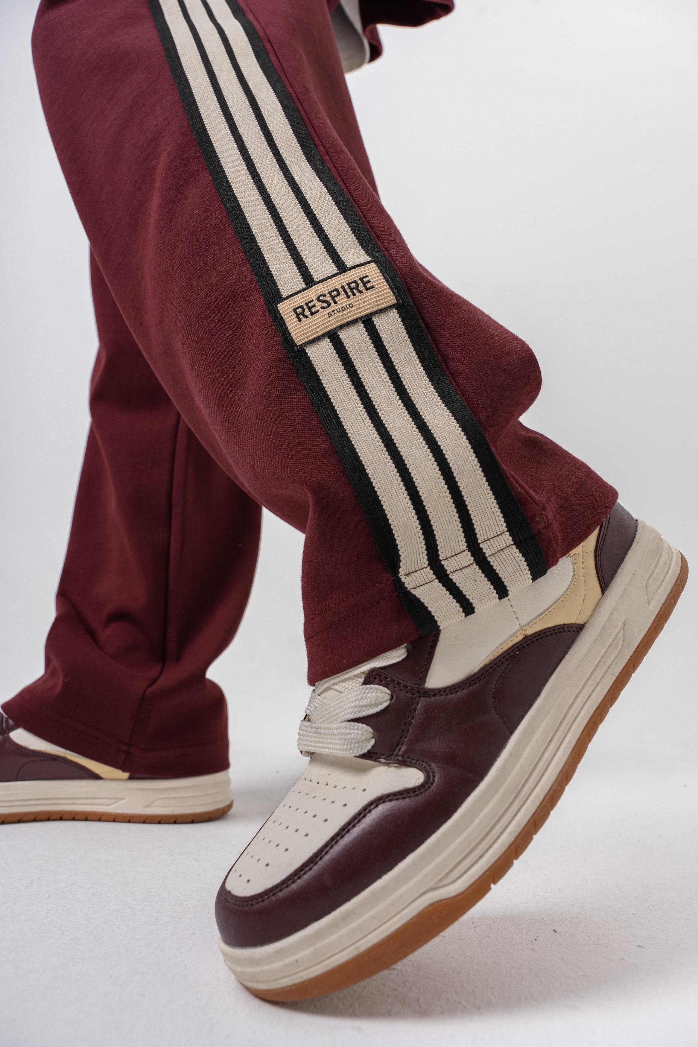 Erkek 3'lü Şerit Detaylı Kışlık Doubleface Baggy Eşofman Altı Bordo