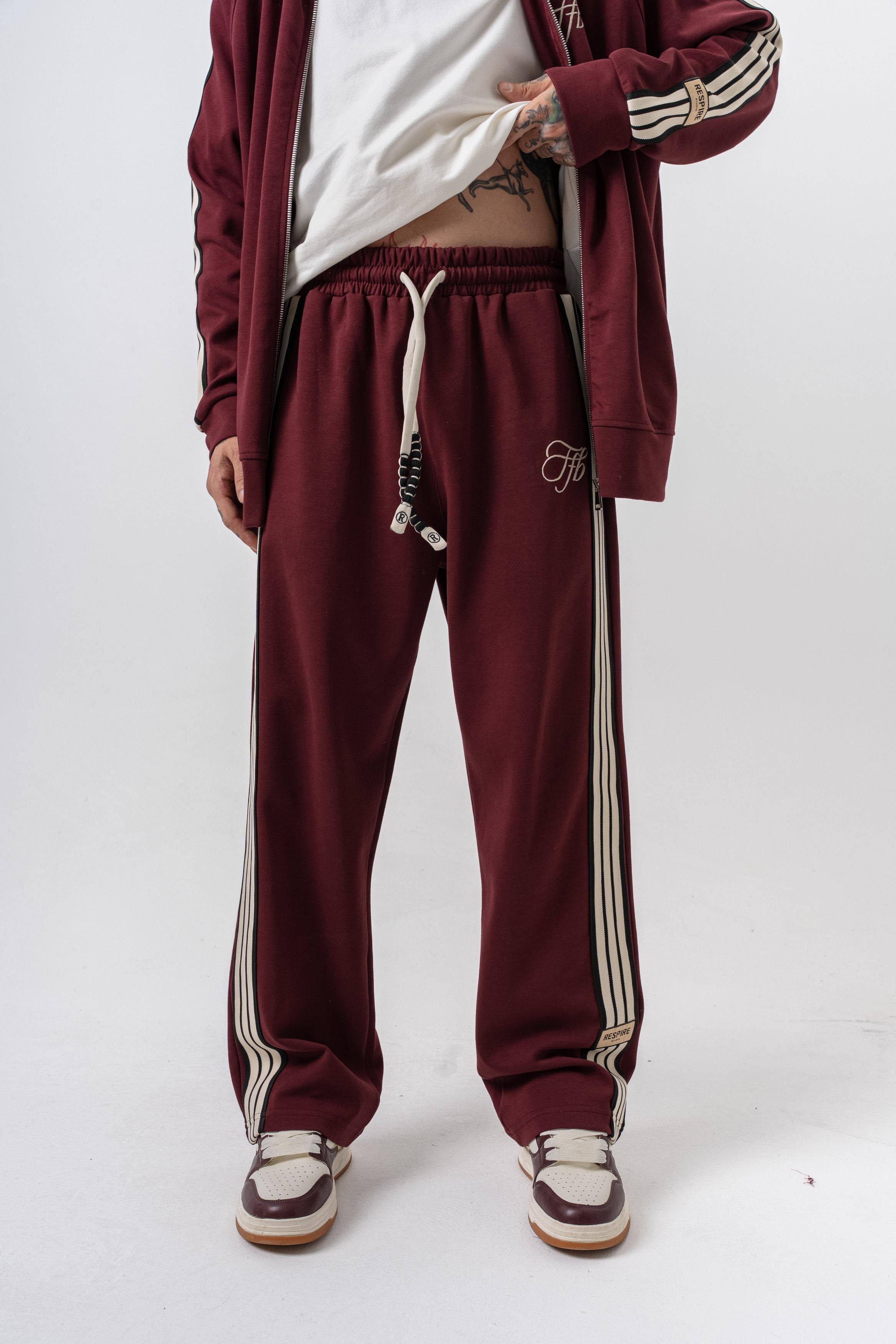 Erkek 3'lü Şerit Detaylı Kışlık Doubleface Baggy Eşofman Altı Bordo
