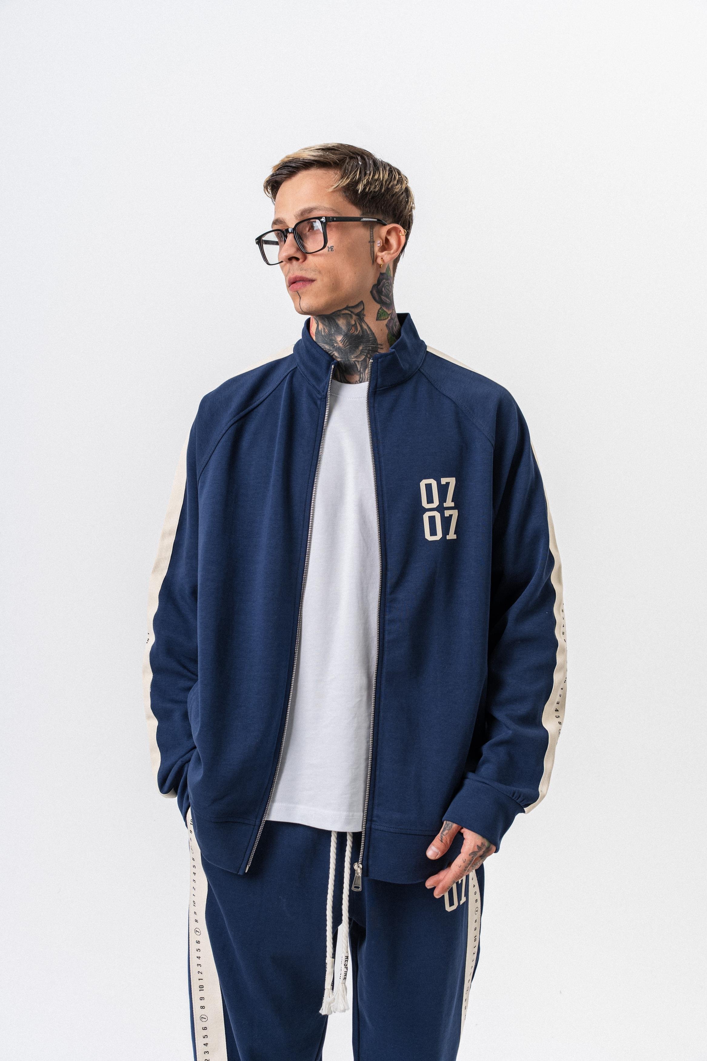 Erkek 7 Şerit Detaylı Dik Yaka Doubleface Zip Oversize Sweatshirt Lacivert