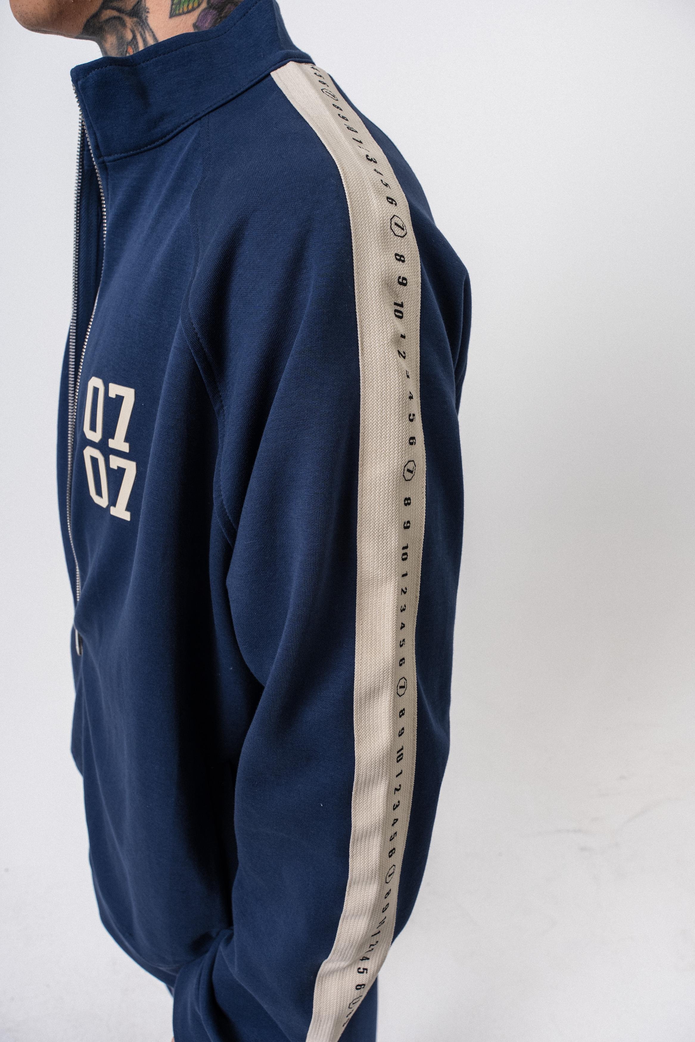 Erkek 7 Şerit Detaylı Dik Yaka Doubleface Zip Oversize Sweatshirt Lacivert
