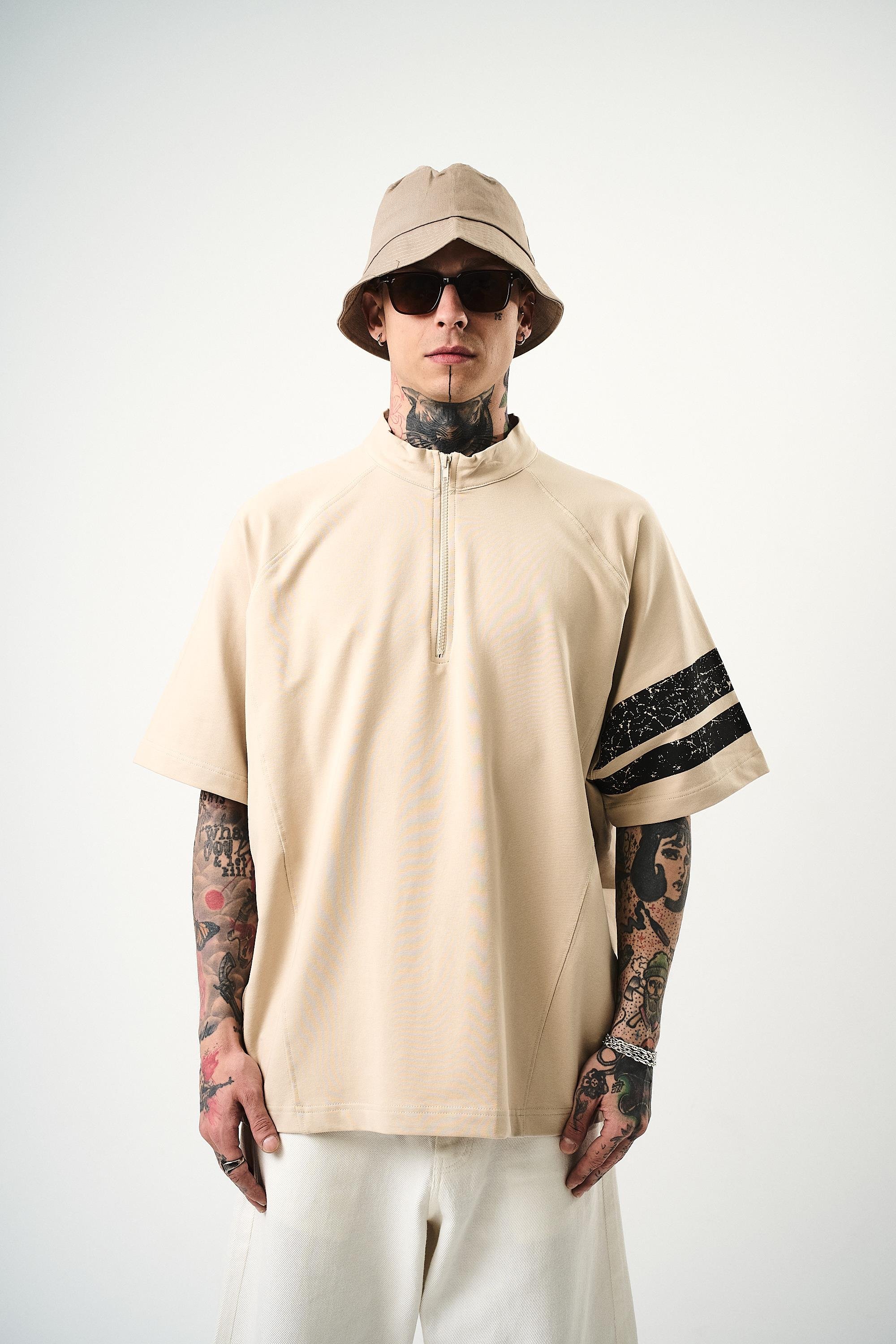 Erkek 84 Zone Baskılı Oversize T-Shirt Bej