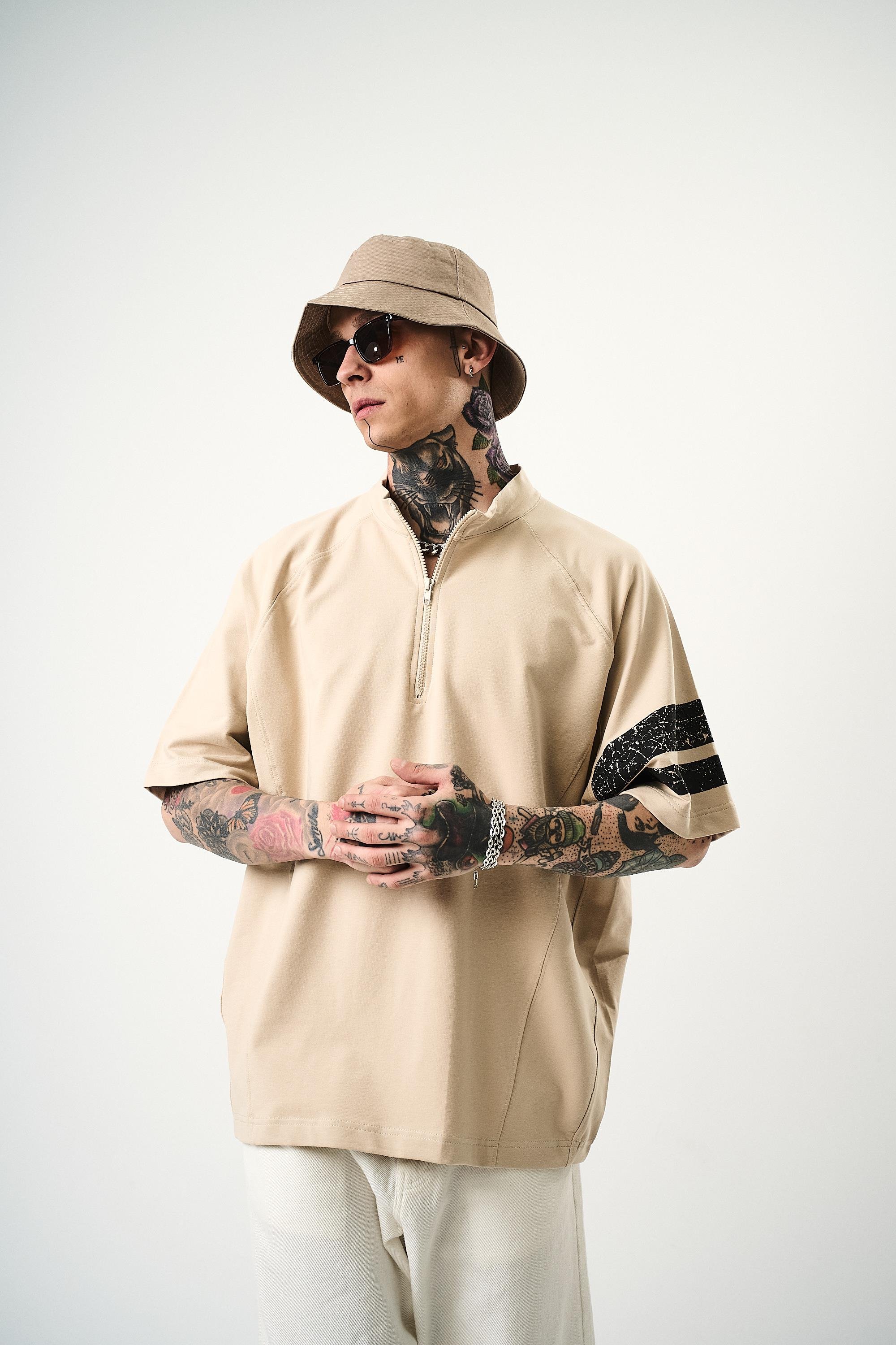 Erkek 84 Zone Baskılı Oversize T-Shirt Bej