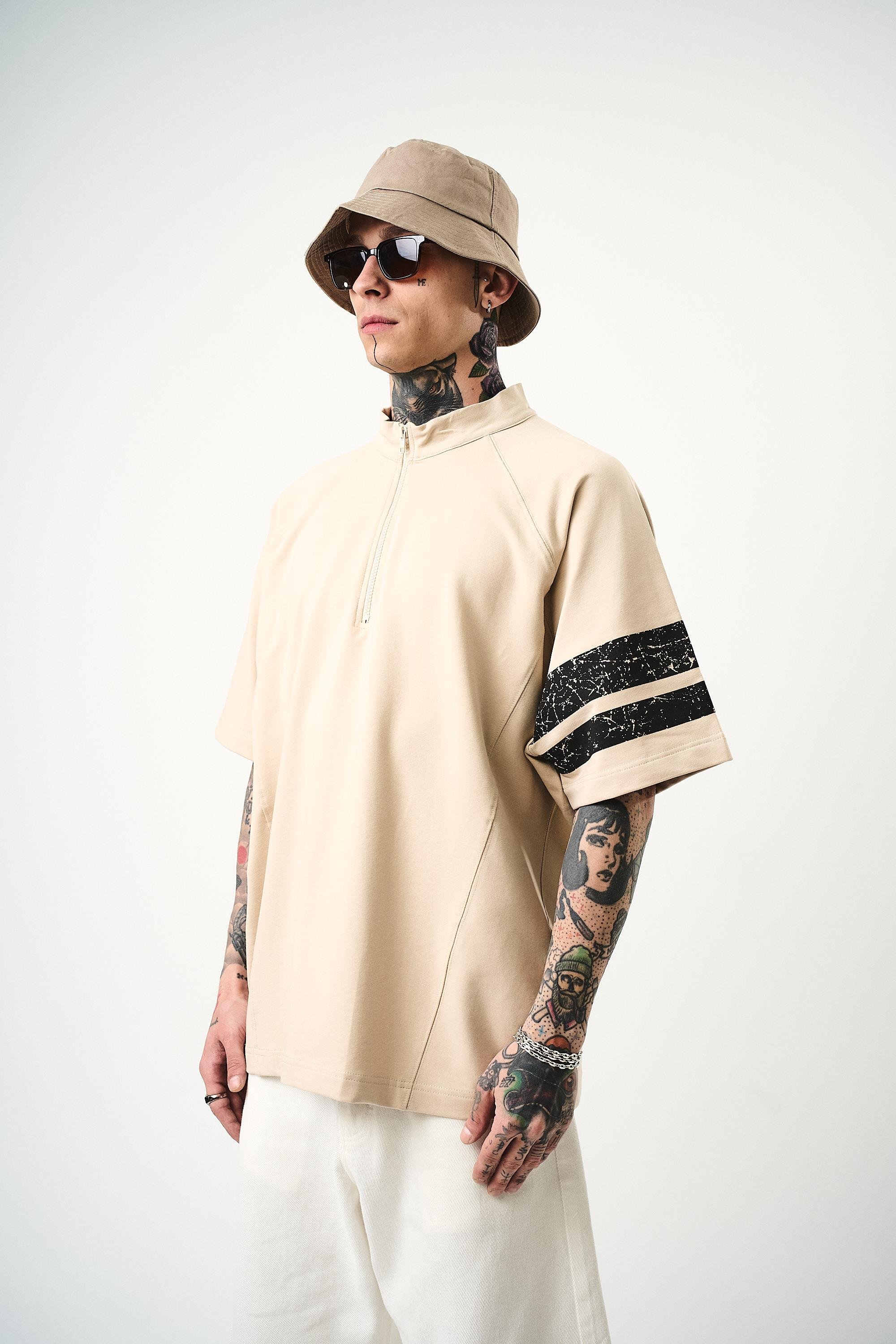 Erkek 84 Zone Baskılı Oversize T-Shirt Bej
