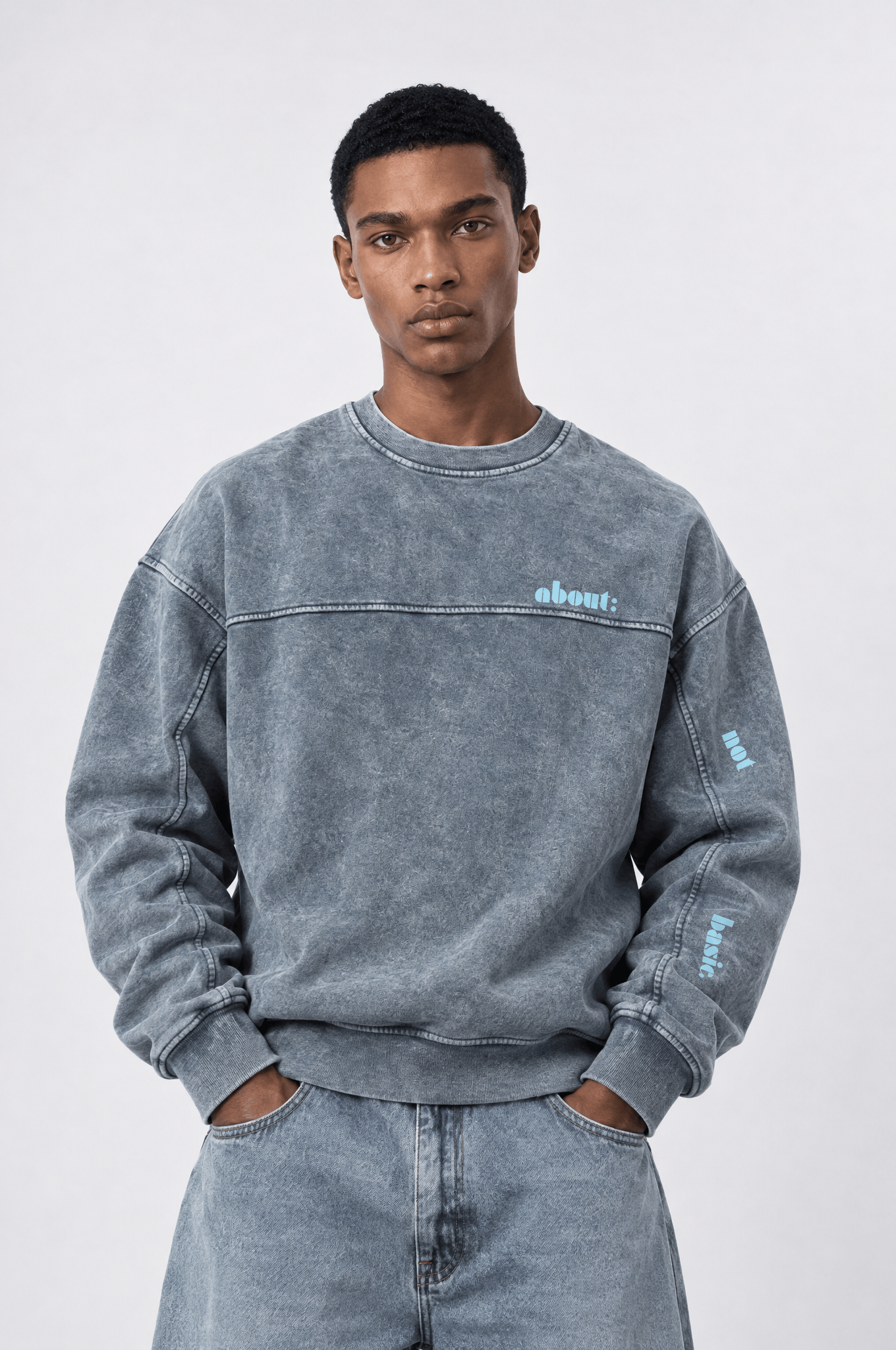 Erkek About Baskılı Yıkamalı Oversize Sweatshirt Gri