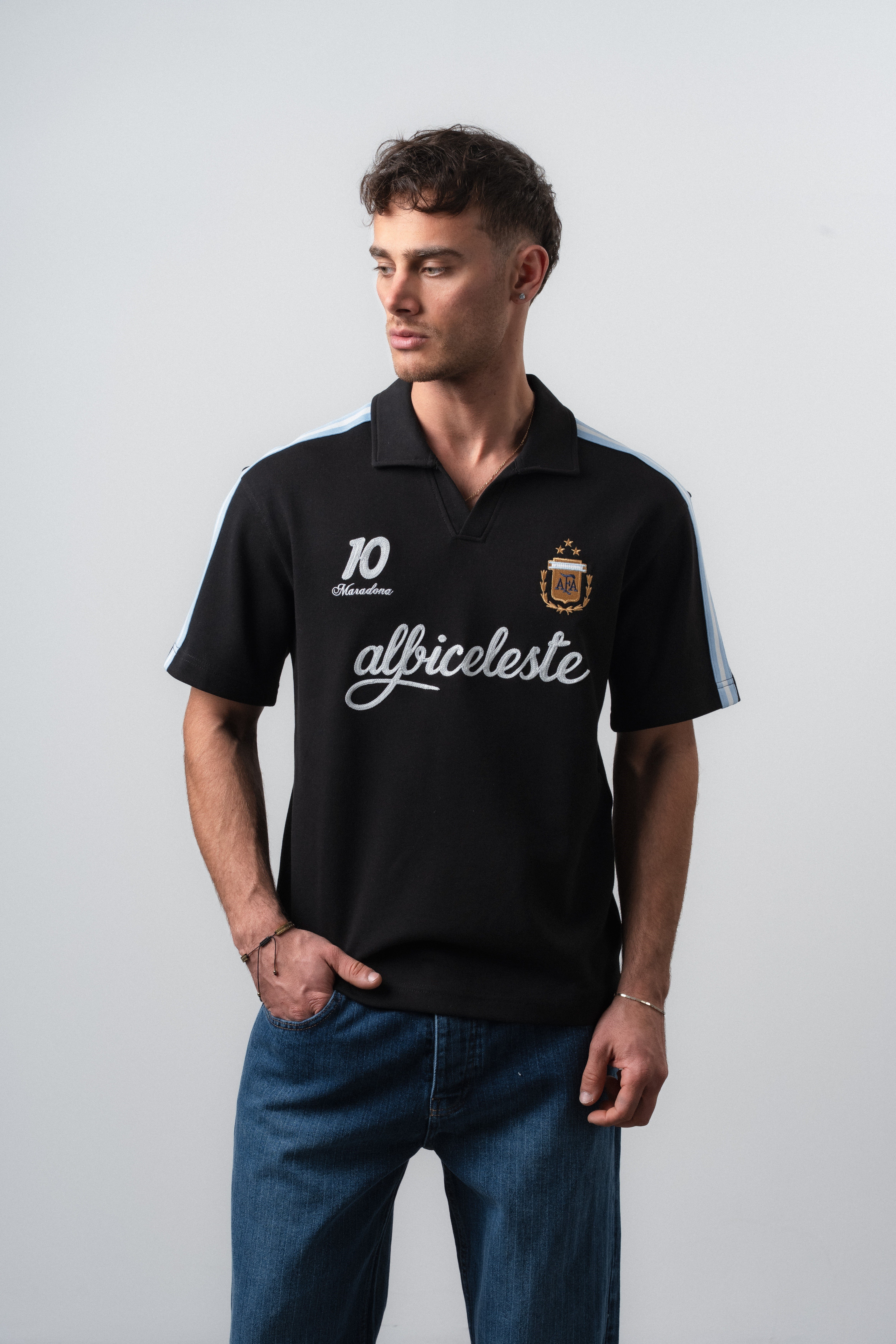 Erkek Albiceleste Dünya Kupası Regular Fit Polo Yaka Taraftar T-Shirt Siyah