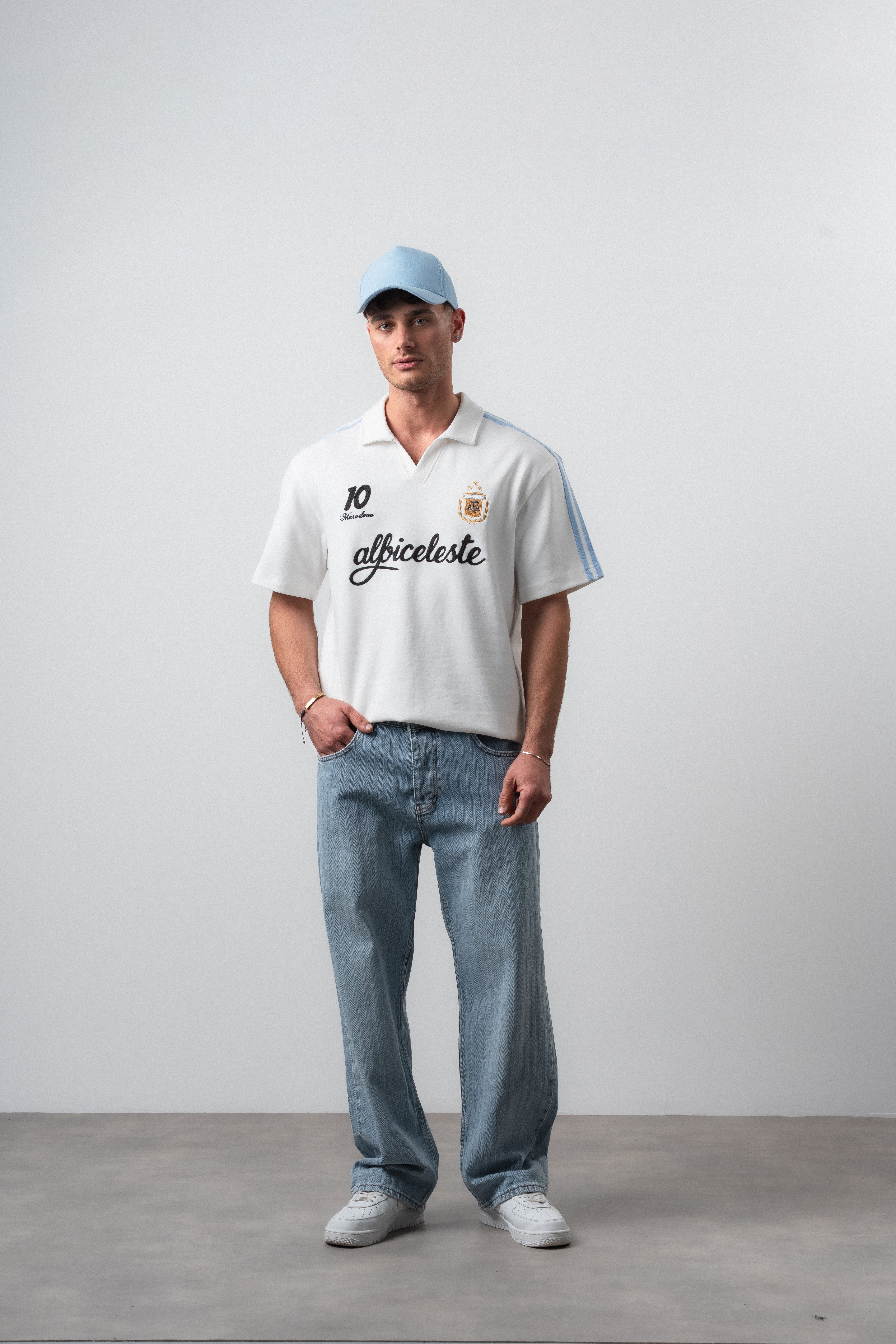 Erkek Albiceleste Dünya Kupası Regular Fit Polo Yaka Taraftar T-Shirt Ekru