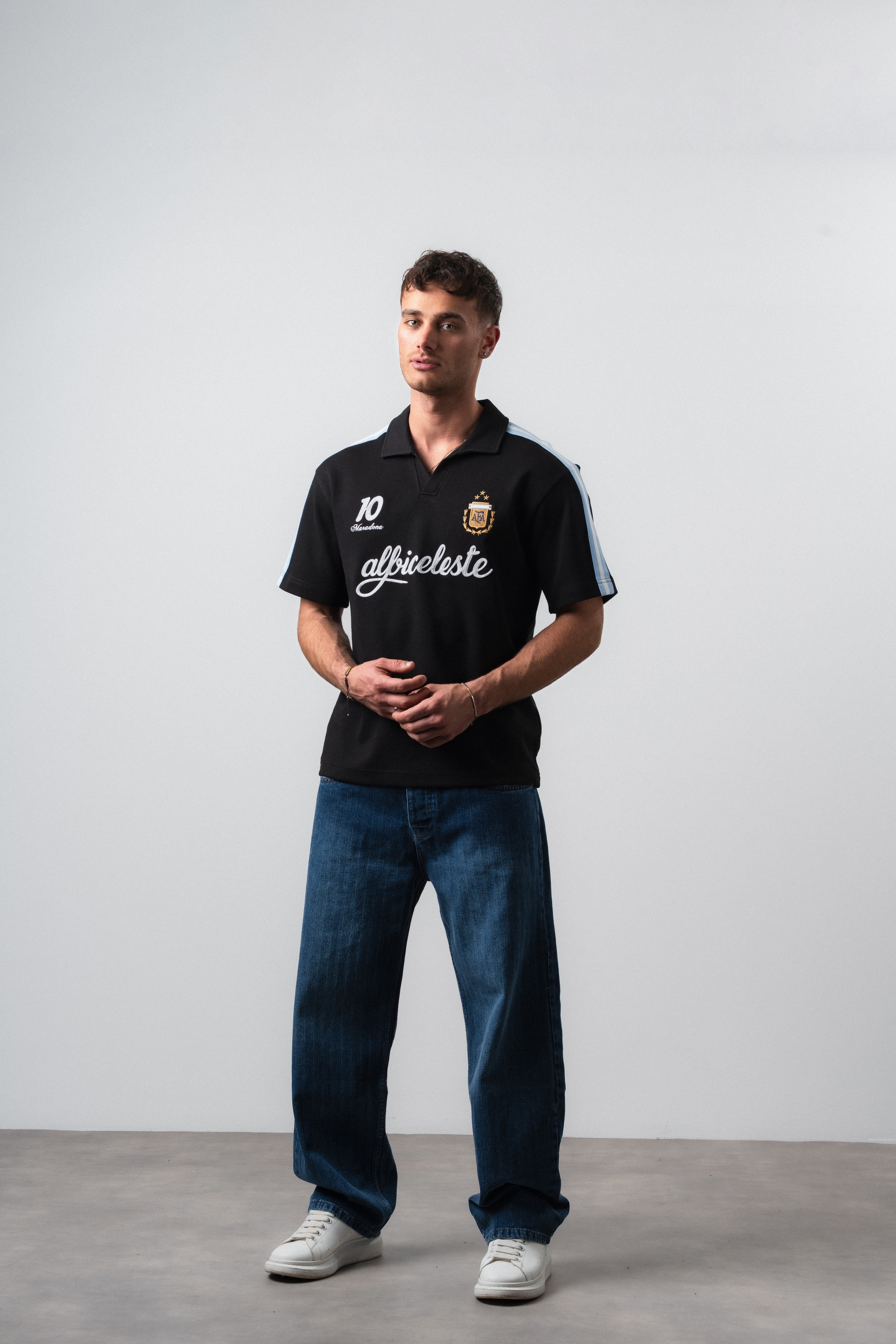 Erkek Albiceleste Dünya Kupası Regular Fit Polo Yaka Taraftar T-Shirt Siyah