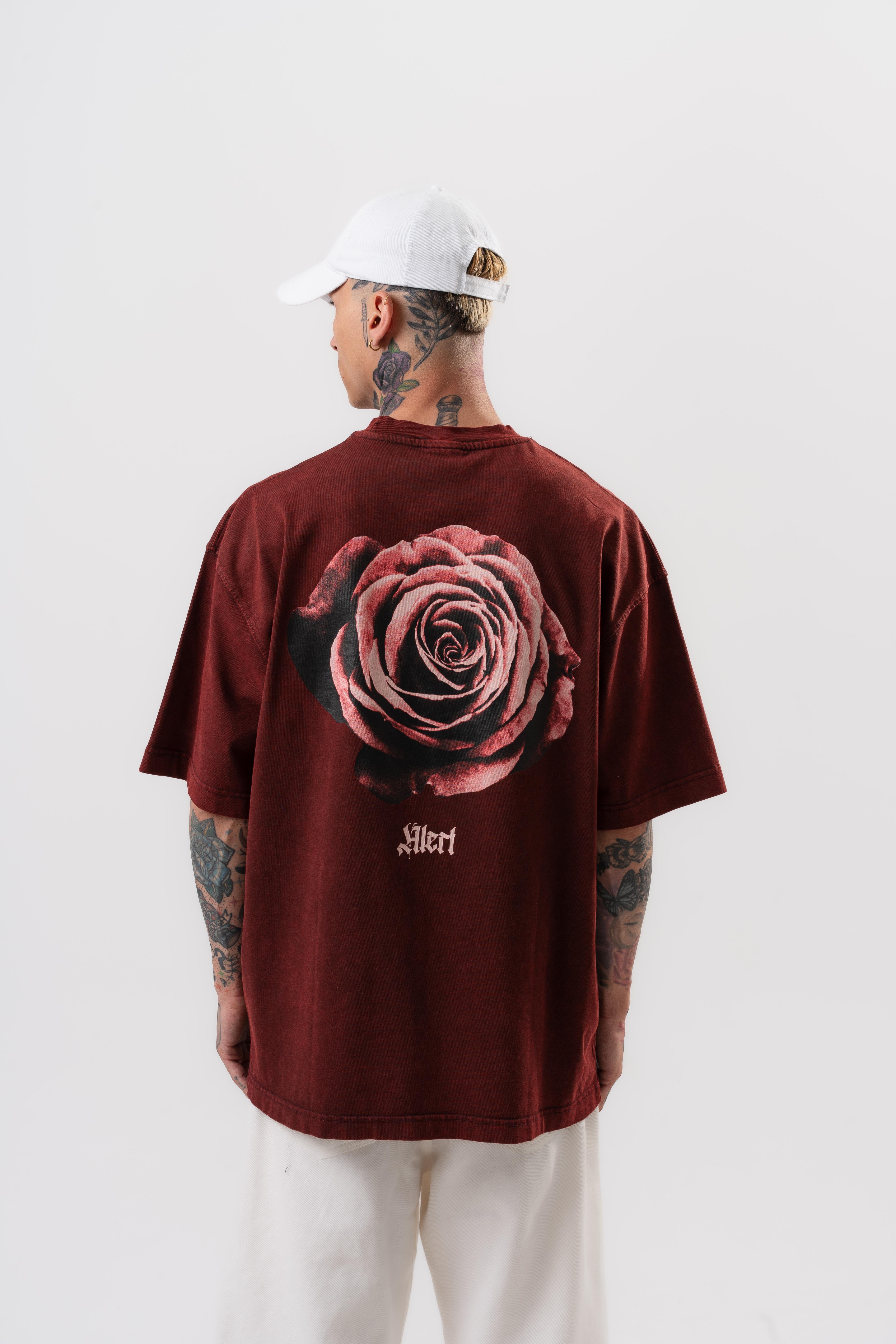 Erkek Alert Baskılı Yıkamalı Oversize T-Shirt Bordo