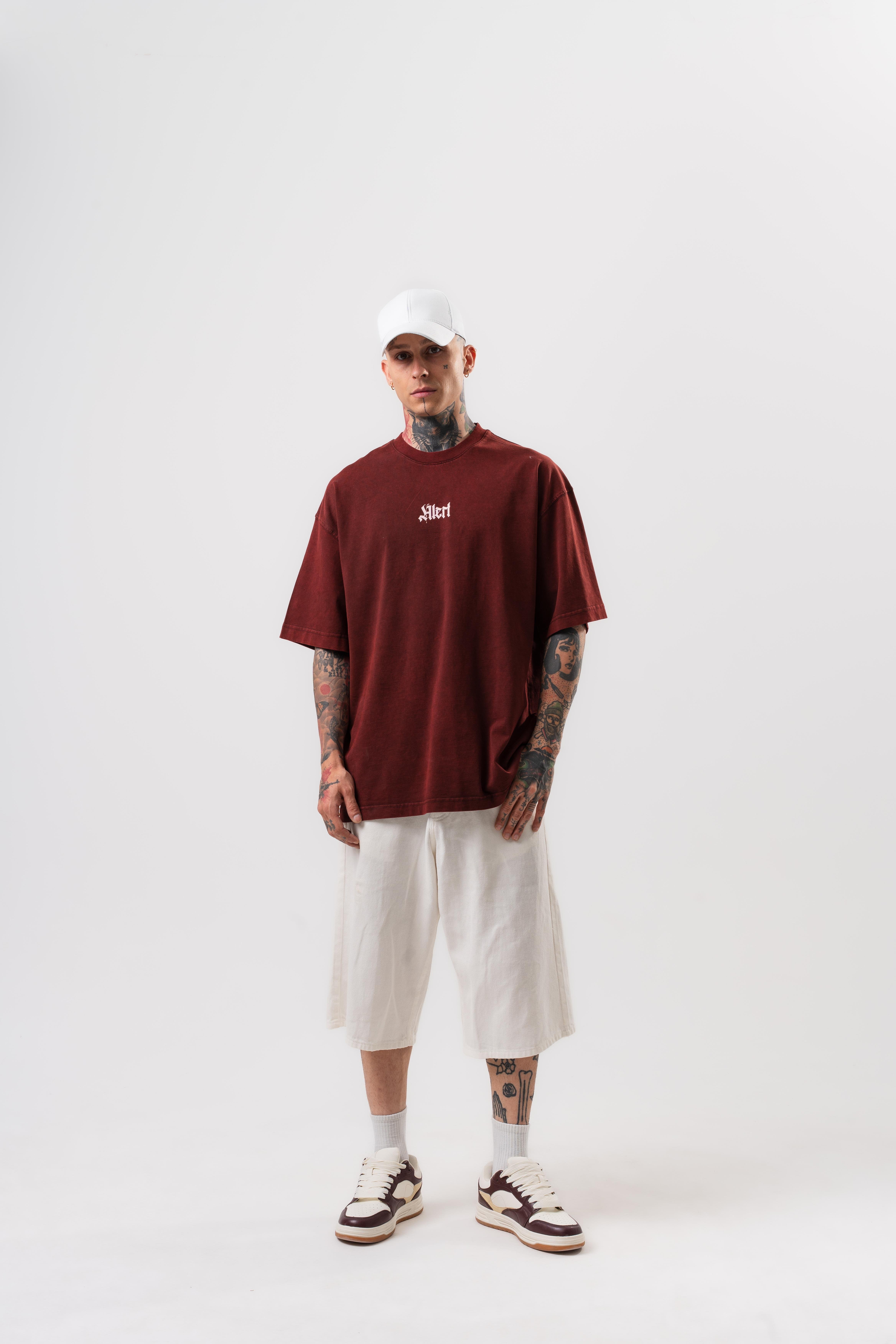 Erkek Alert Baskılı Yıkamalı Oversize T-Shirt Bordo