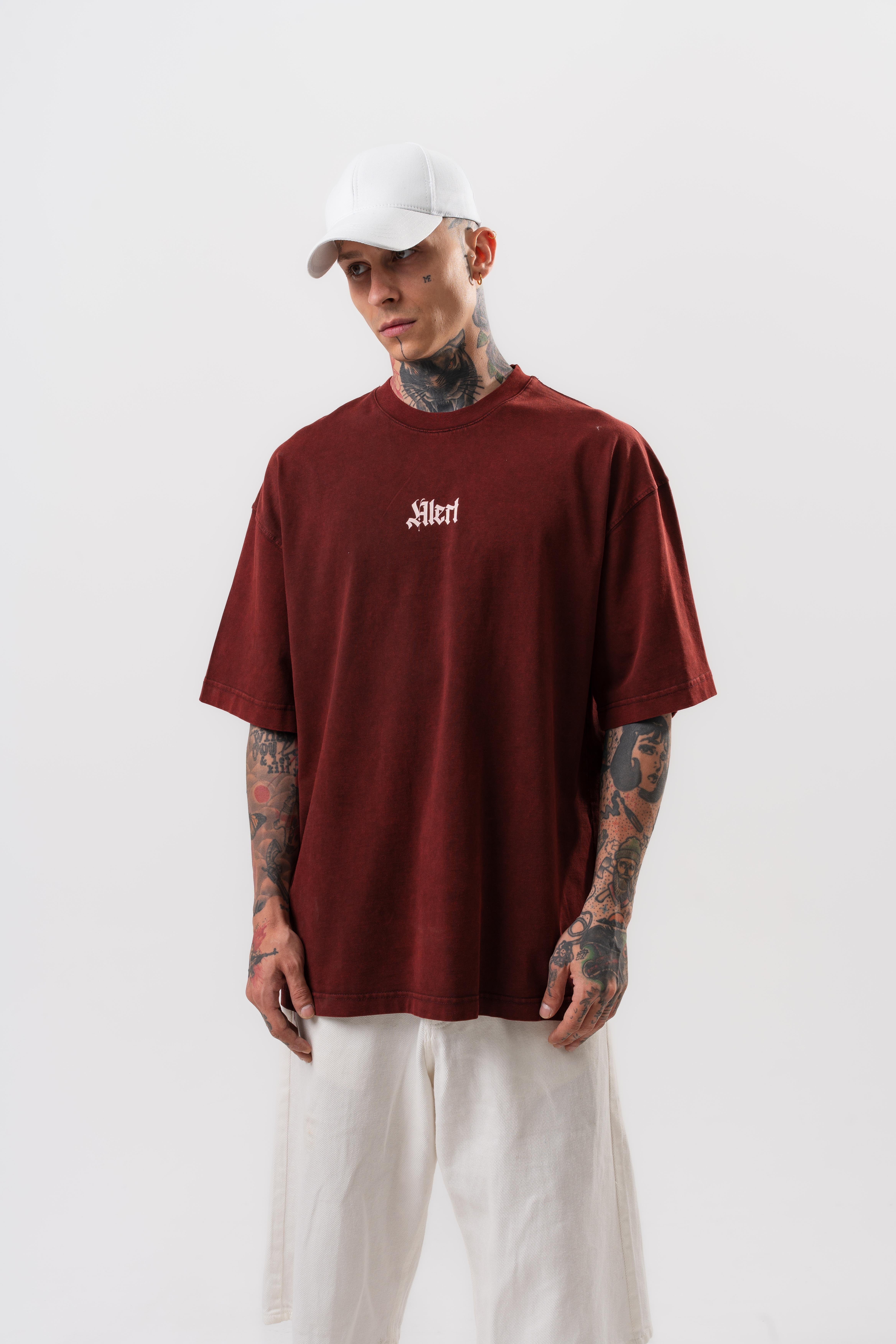 Erkek Alert Baskılı Yıkamalı Oversize T-Shirt Bordo