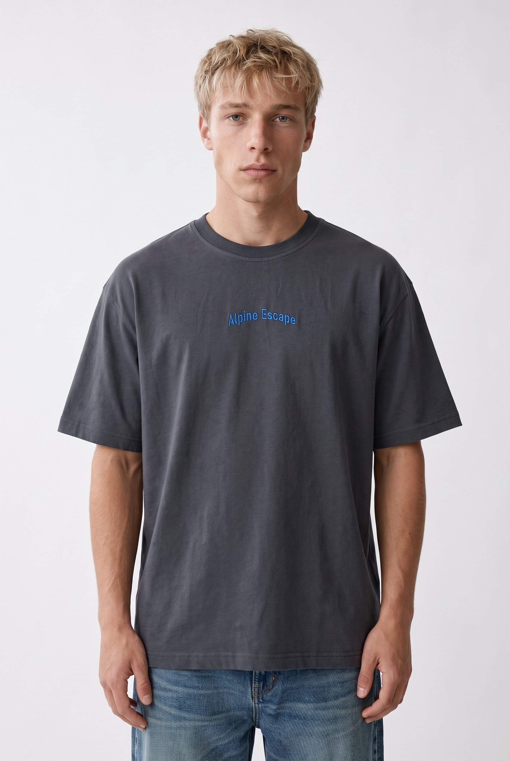 Erkek Alpine Nakışlı Oversize T-Shirt Füme