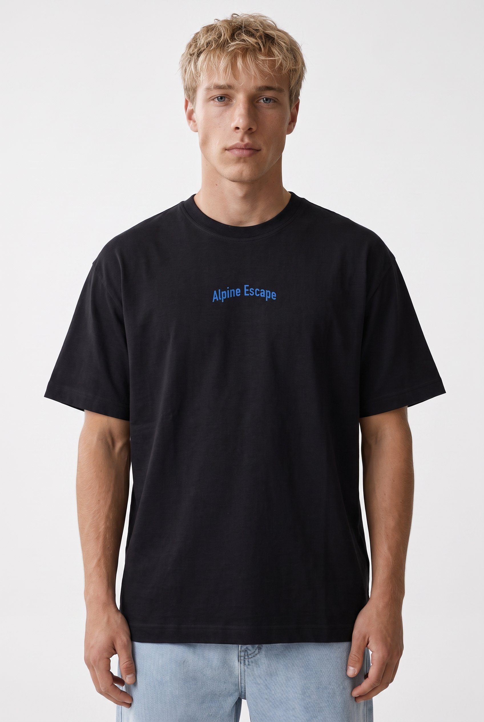 Erkek Alpine Nakışlı Oversize T-Shirt Siyah