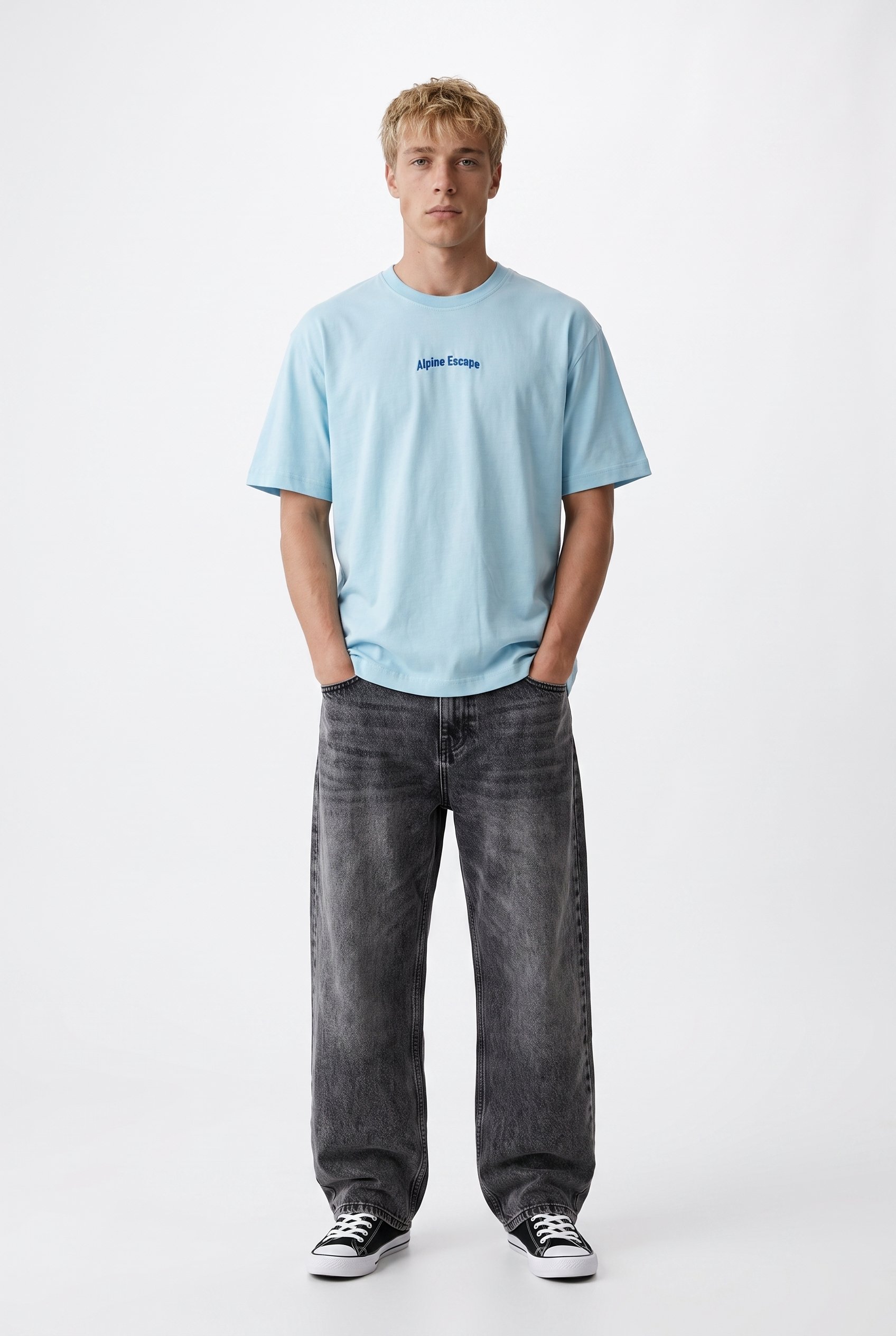 Erkek Alpine Nakışlı Oversize T-Shirt Bebe Mavi