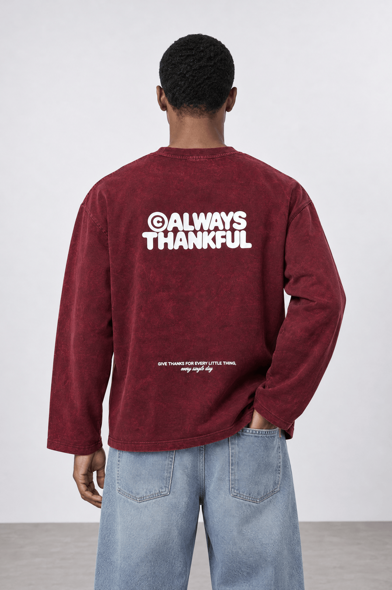 Erkek Always Baskılı Yıkamalı Oversize Long Sleeve Bordo