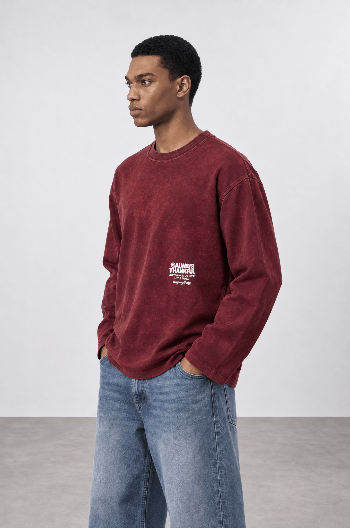 Erkek Always Baskılı Yıkamalı Oversize Long Sleeve Bordo