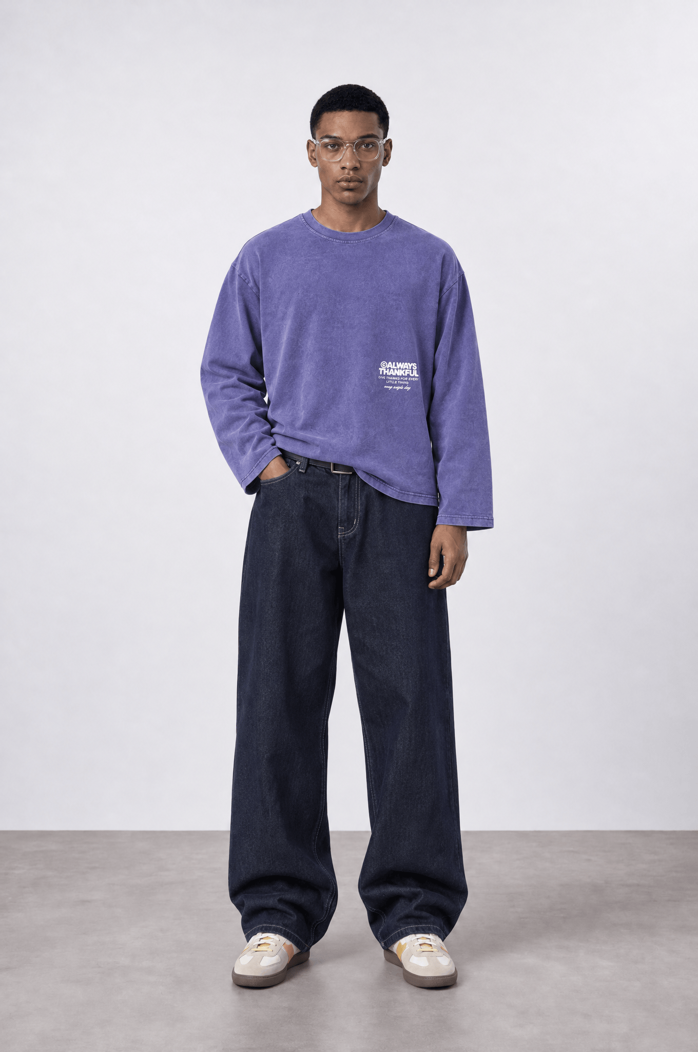 Erkek Always Baskılı Yıkamalı Oversize Long Sleeve Mor
