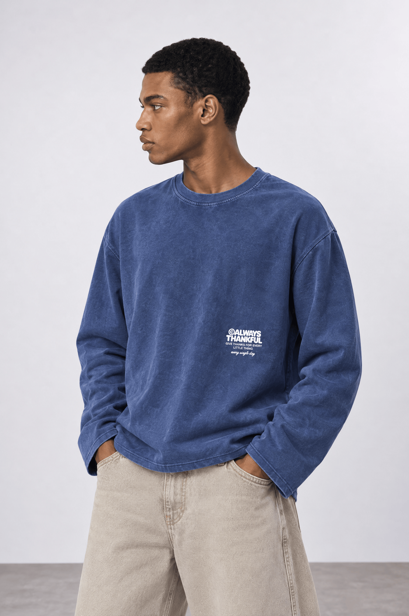 Erkek Always Baskılı Yıkamalı Oversize Long Sleeve Lacivert