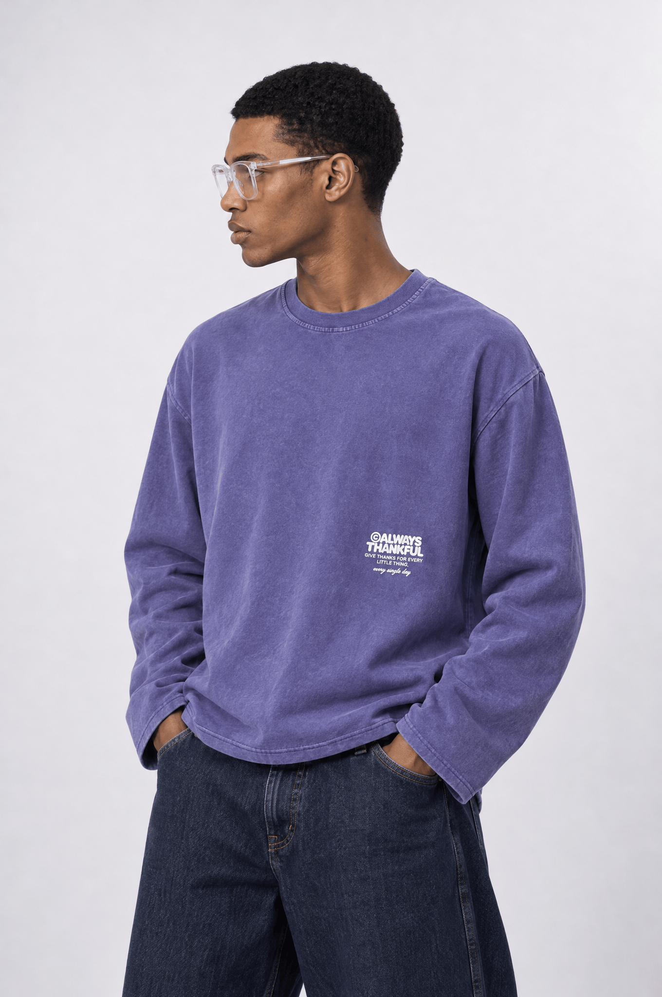 Erkek Always Baskılı Yıkamalı Oversize Long Sleeve Mor