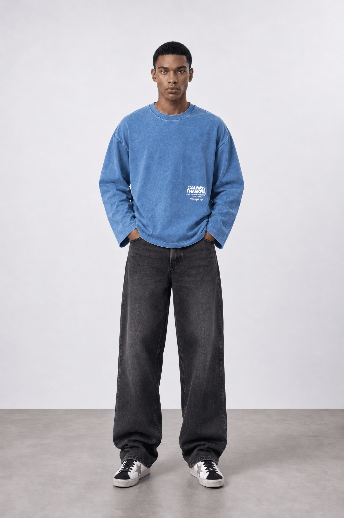 Erkek Always Baskılı Yıkamalı Oversize Long Sleeve Bebe Mavi