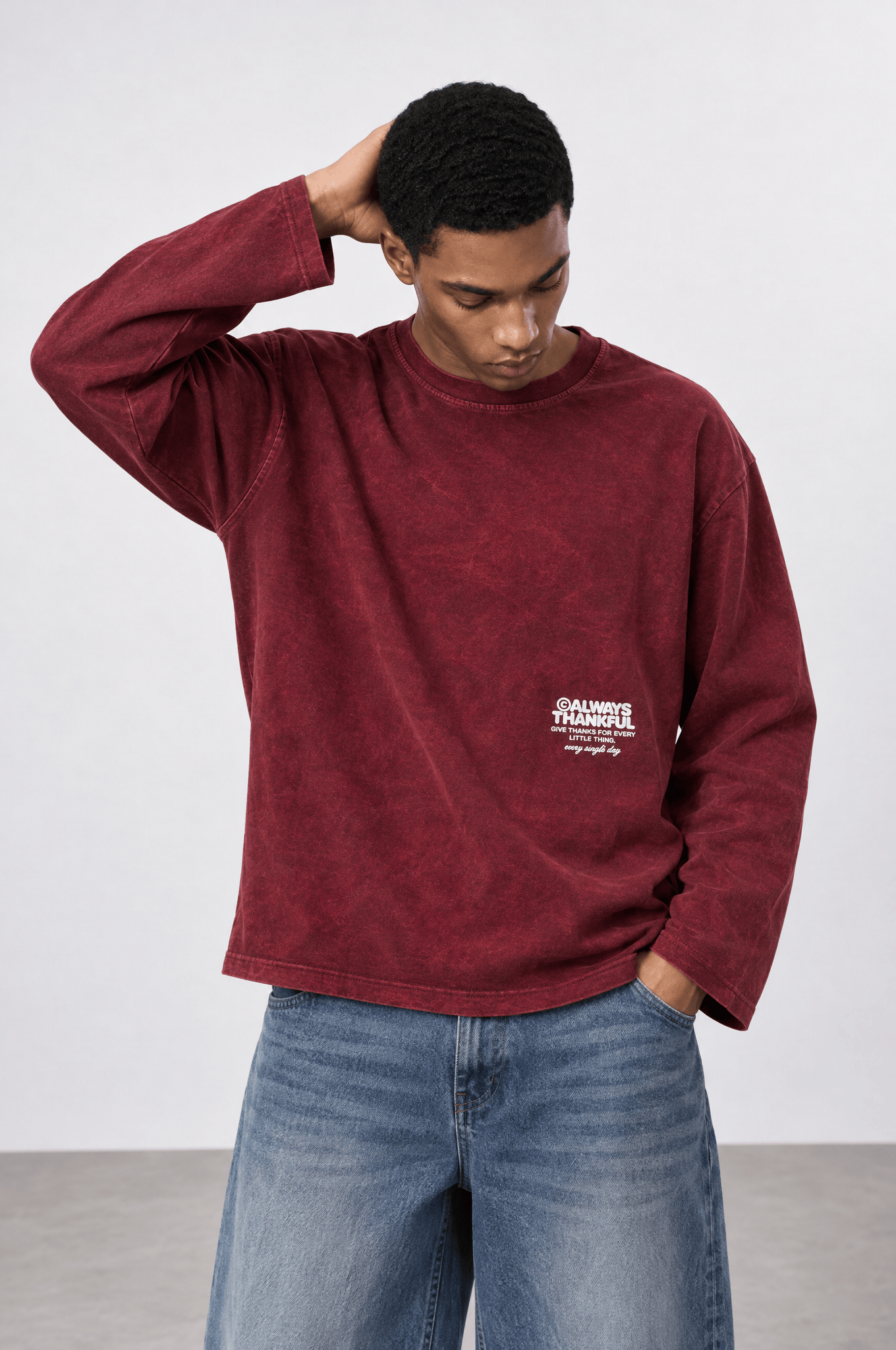 Erkek Always Baskılı Yıkamalı Oversize Long Sleeve Bordo