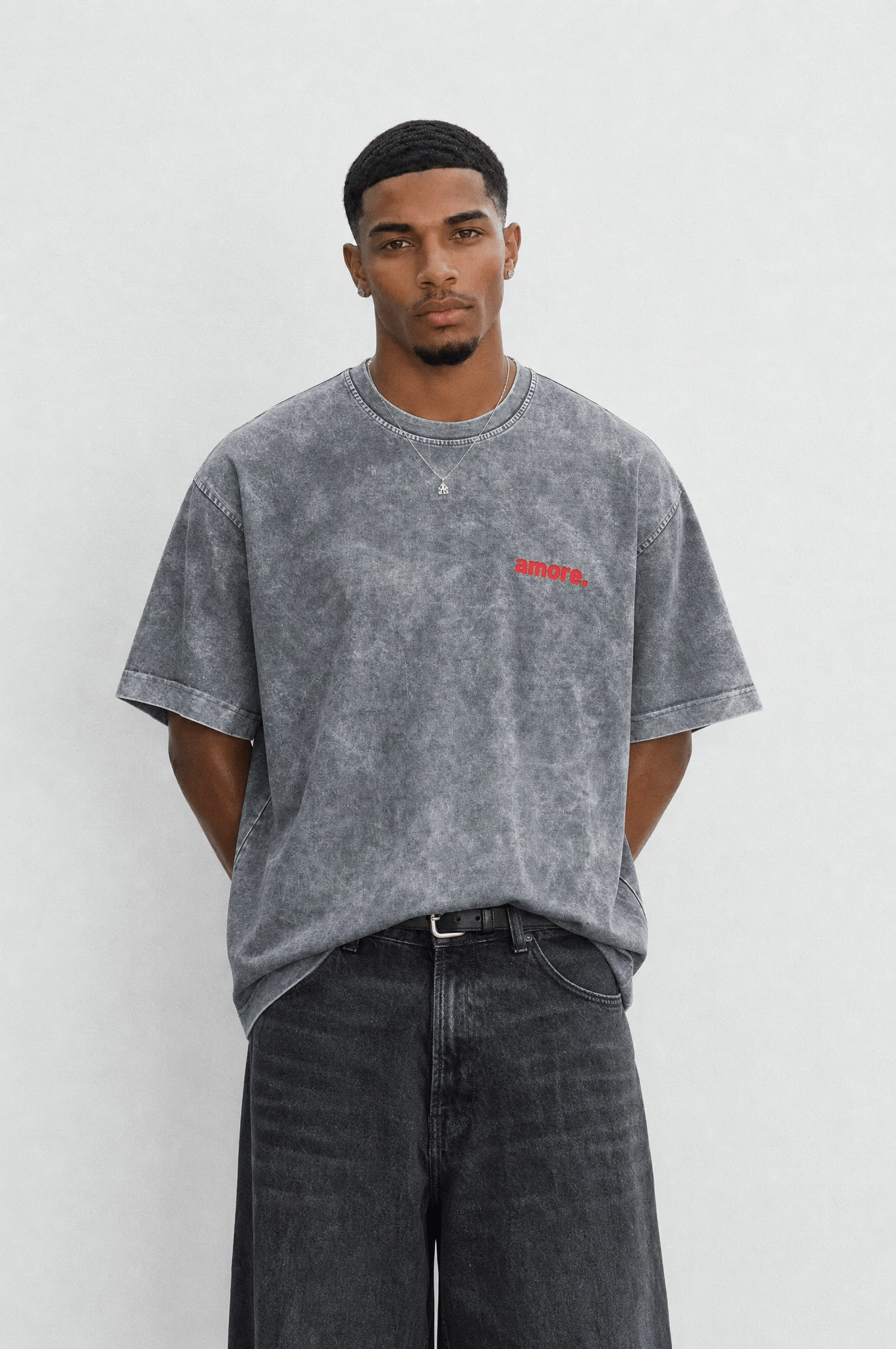 Erkek Amore Baskılı Oversize T-Shirt Gri