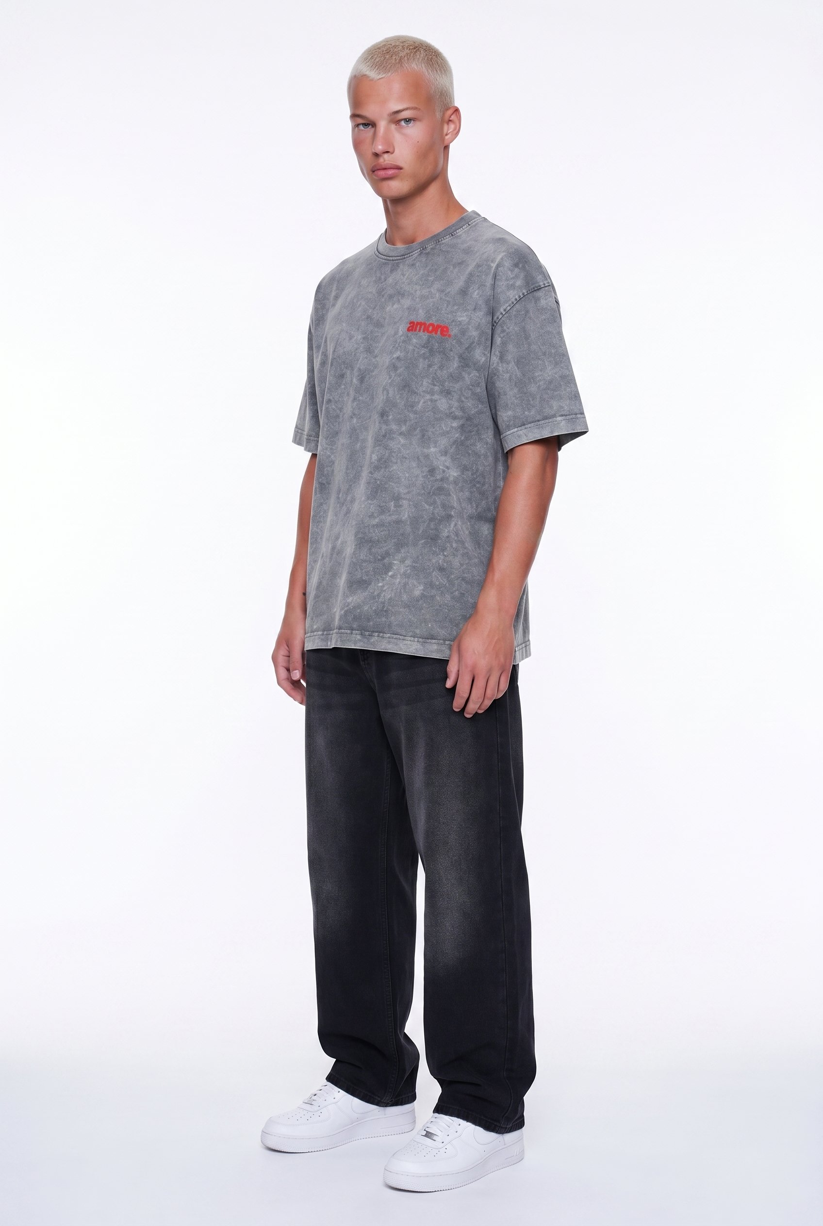 Erkek Amore Baskılı Oversize T-Shirt Gri