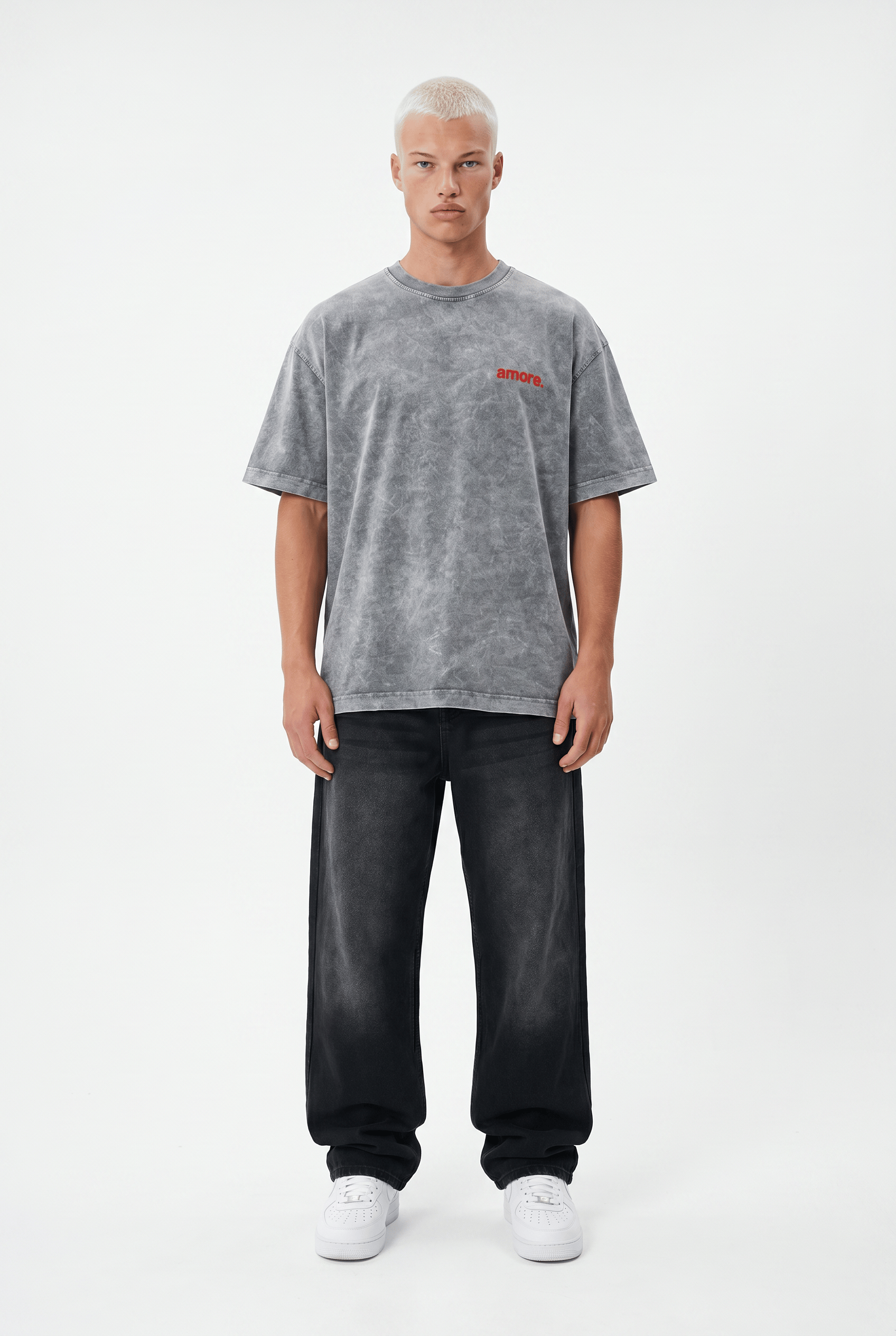 Erkek Amore Baskılı Oversize T-Shirt Gri