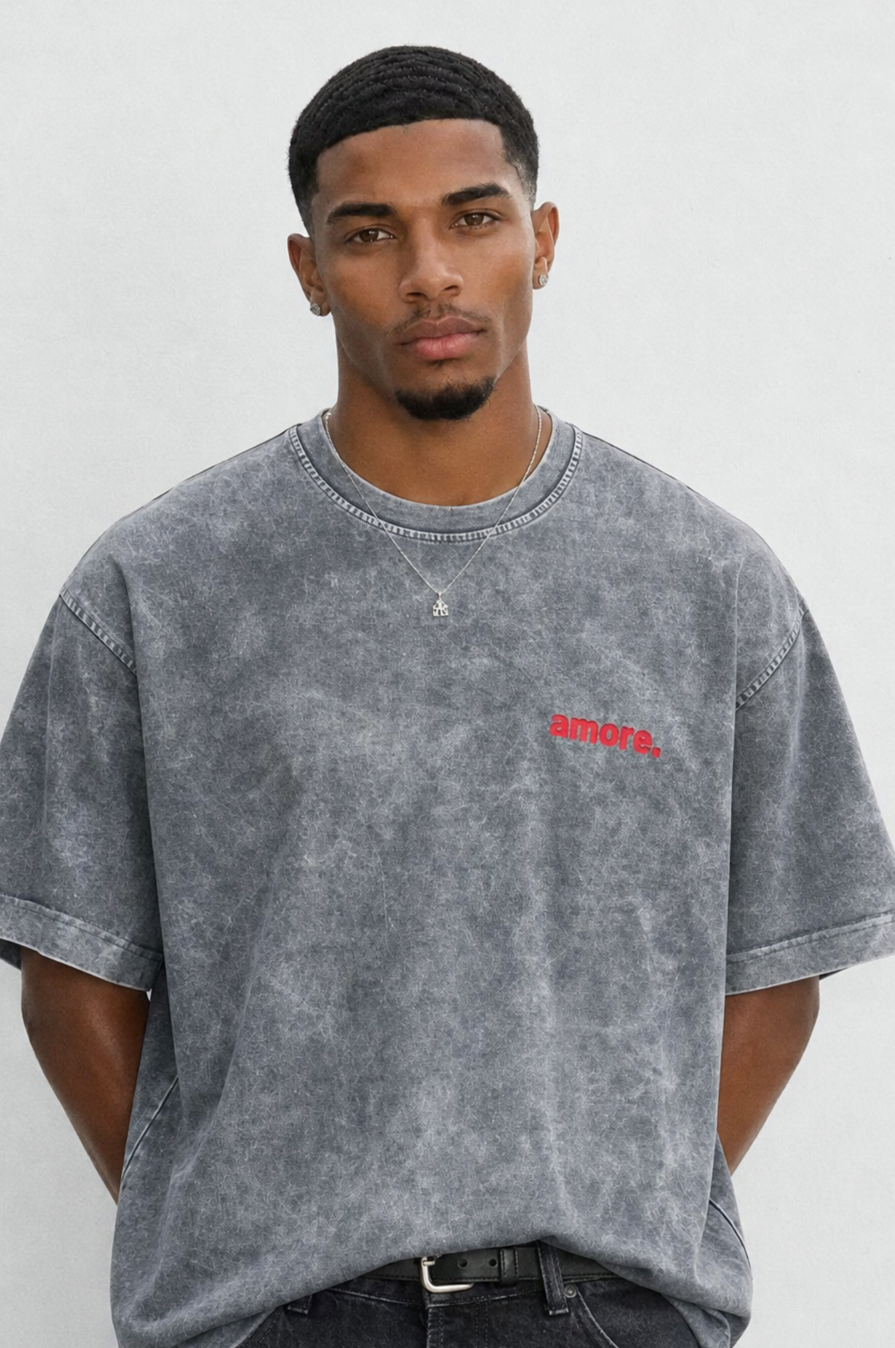 Erkek Amore Baskılı Oversize T-Shirt Gri