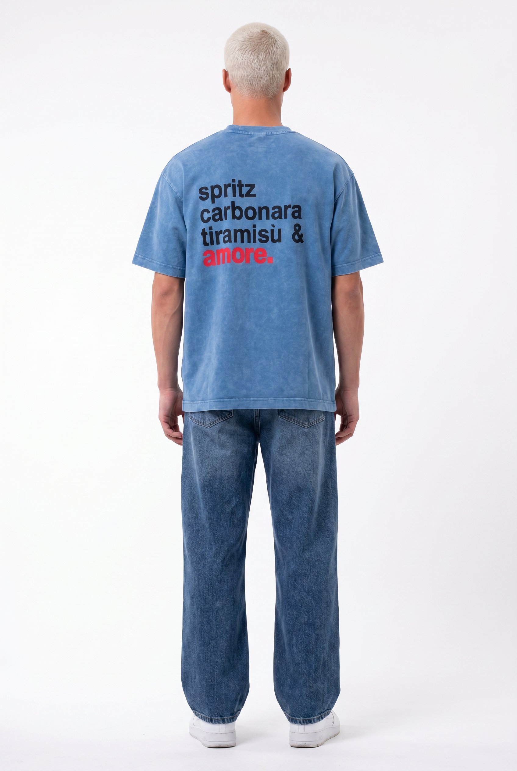 Erkek Amore Baskılı Oversize T-Shirt Mavi
