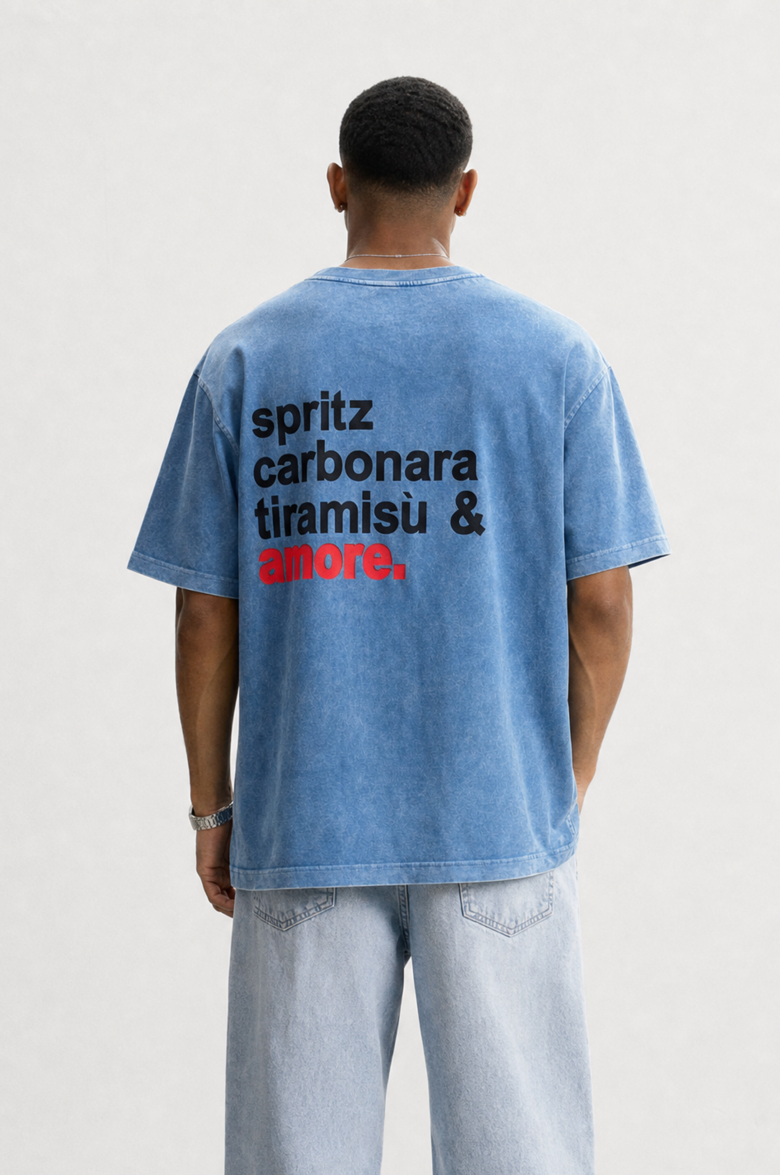 Erkek Amore Baskılı Oversize T-Shirt Mavi