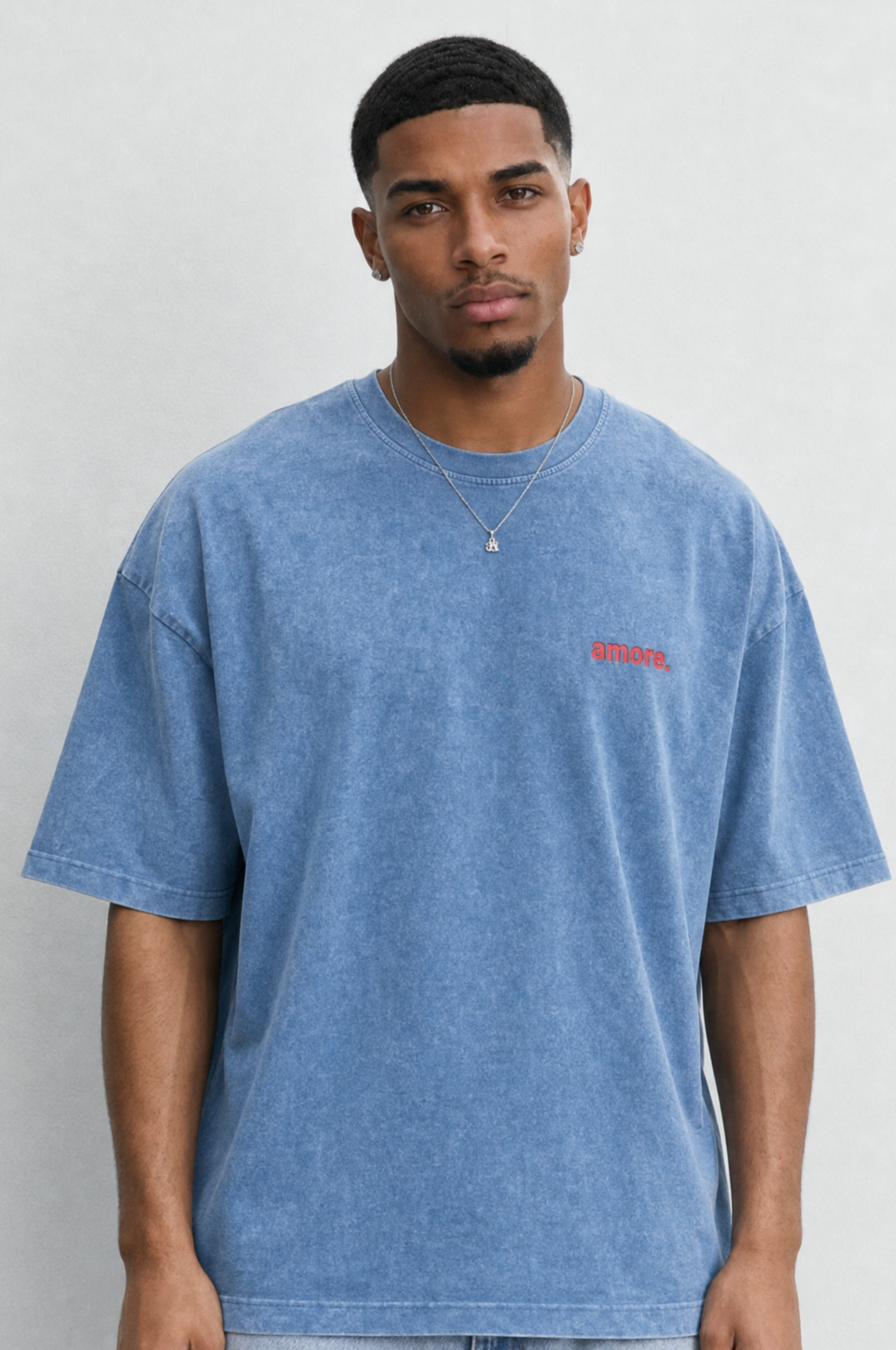 Erkek Amore Baskılı Oversize T-Shirt Mavi
