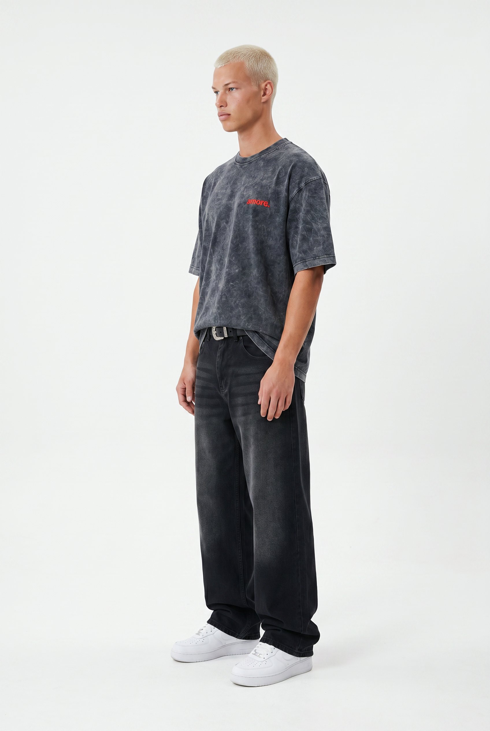 Erkek Amore Baskılı Oversize T-Shirt Siyah