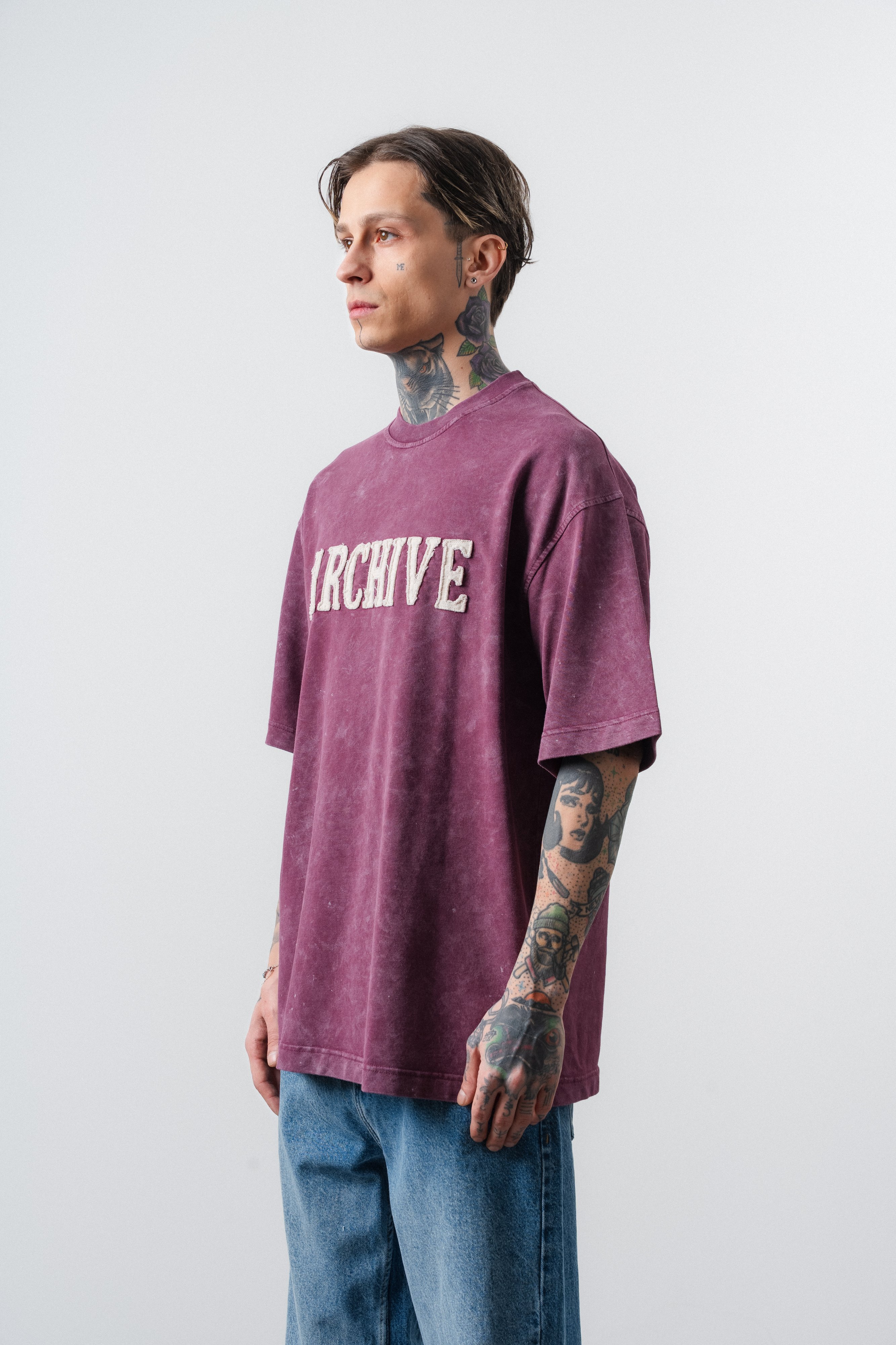 Erkek Archive Nakışlı Oversize T-Shirt Vişne