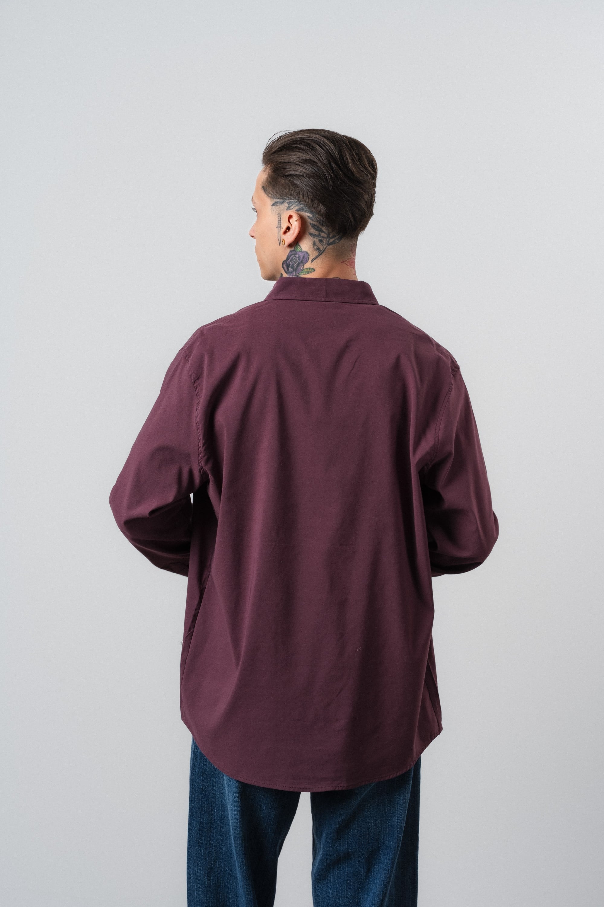 Erkek Arma Nakışlı Uzun Kollu Oversize Gömlek Mürdüm