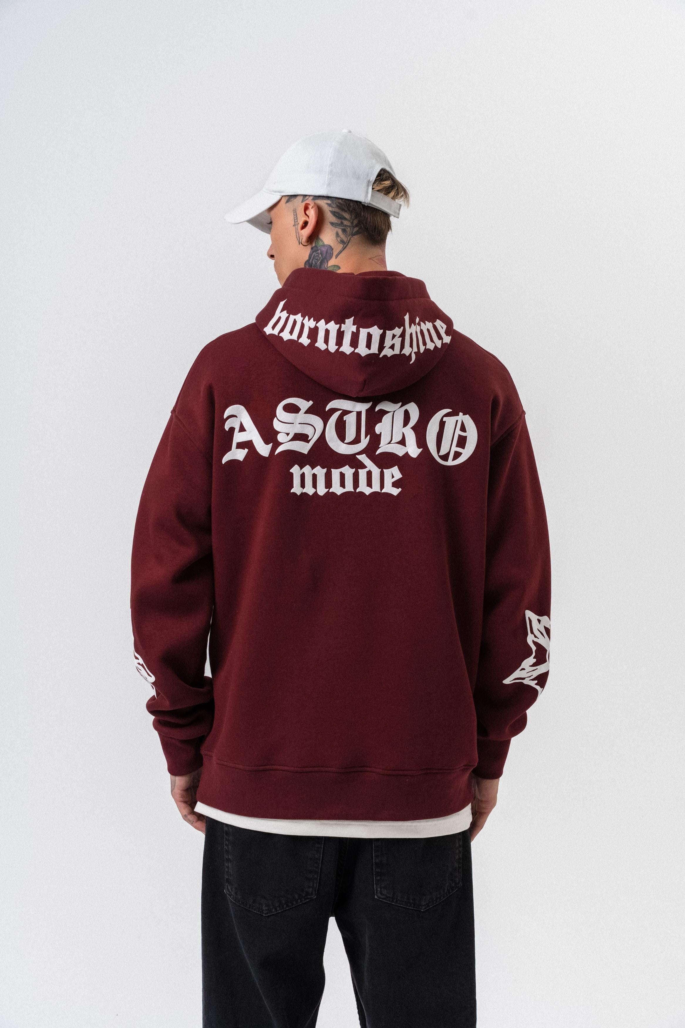 Erkek Astro Mode Baskılı Kapüşonlu Oversize Hoodie Bordo