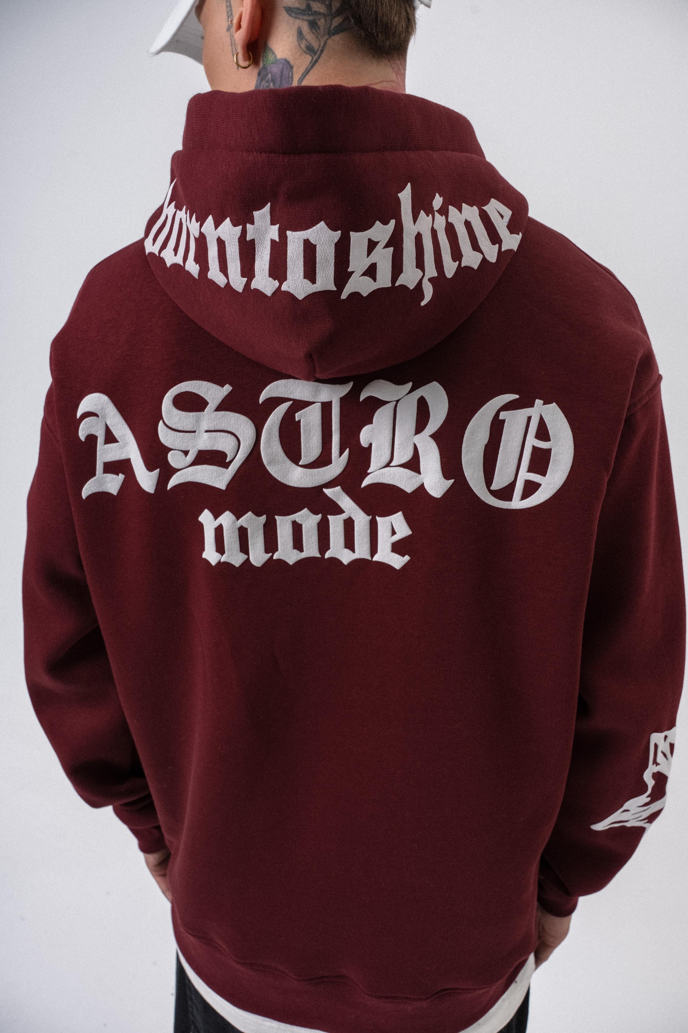 Erkek Astro Mode Baskılı Kapüşonlu Oversize Hoodie Bordo