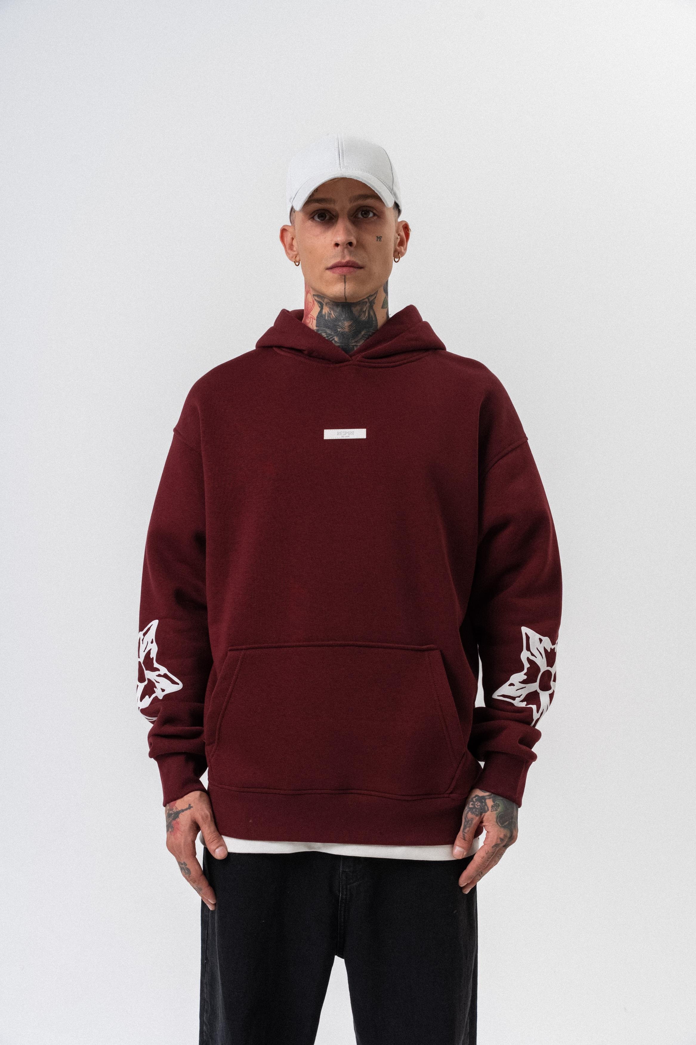 Erkek Astro Mode Baskılı Kapüşonlu Oversize Hoodie Bordo