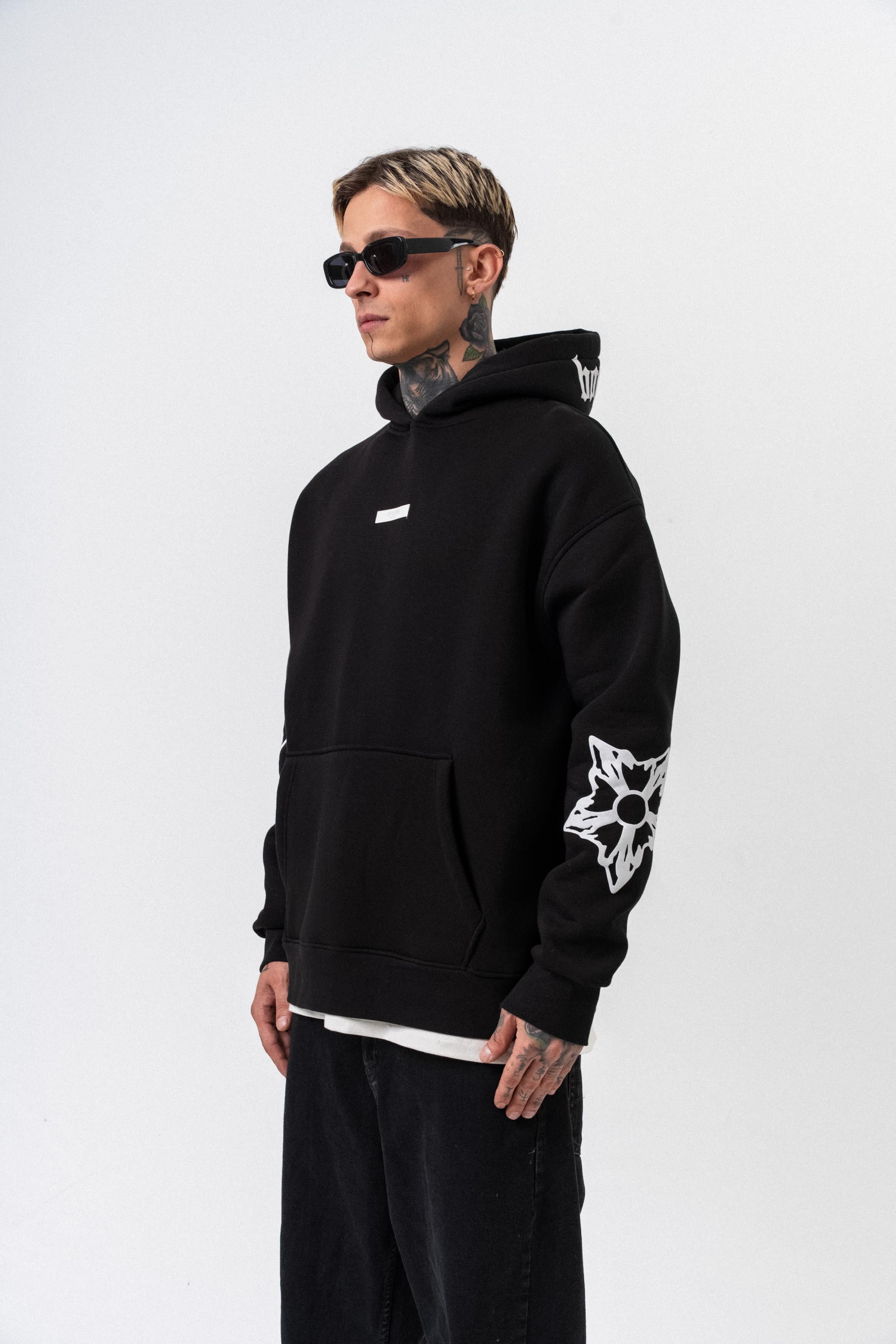 Erkek Astro Mode Baskılı Kapüşonlu Oversize Hoodie Siyah