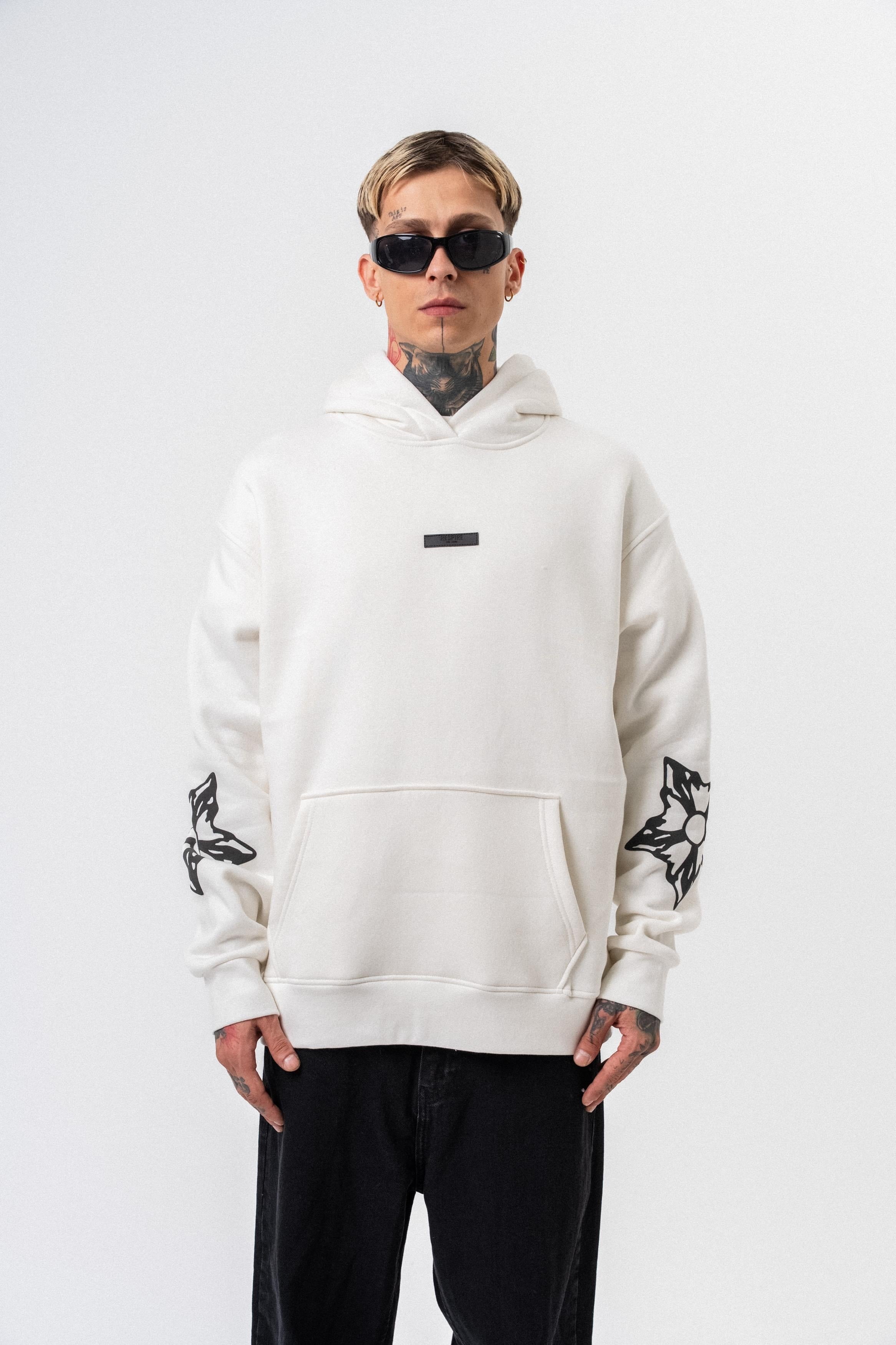 Erkek Astro Mode Baskılı Kapüşonlu Oversize Hoodie Ekru
