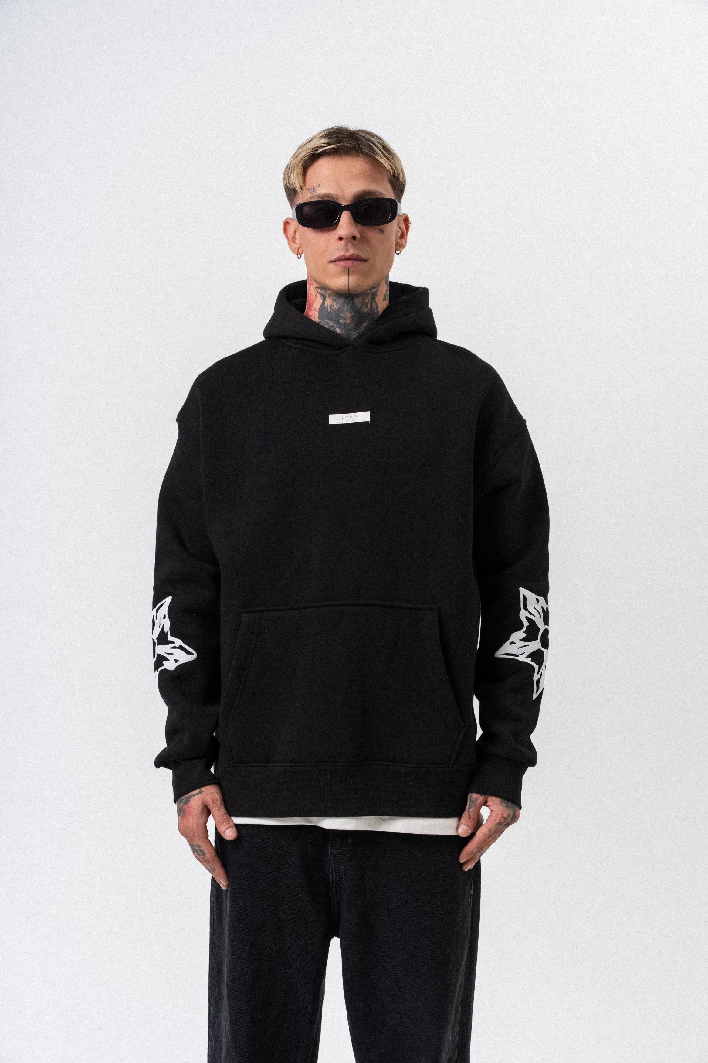 Erkek Astro Mode Baskılı Kapüşonlu Oversize Hoodie Siyah