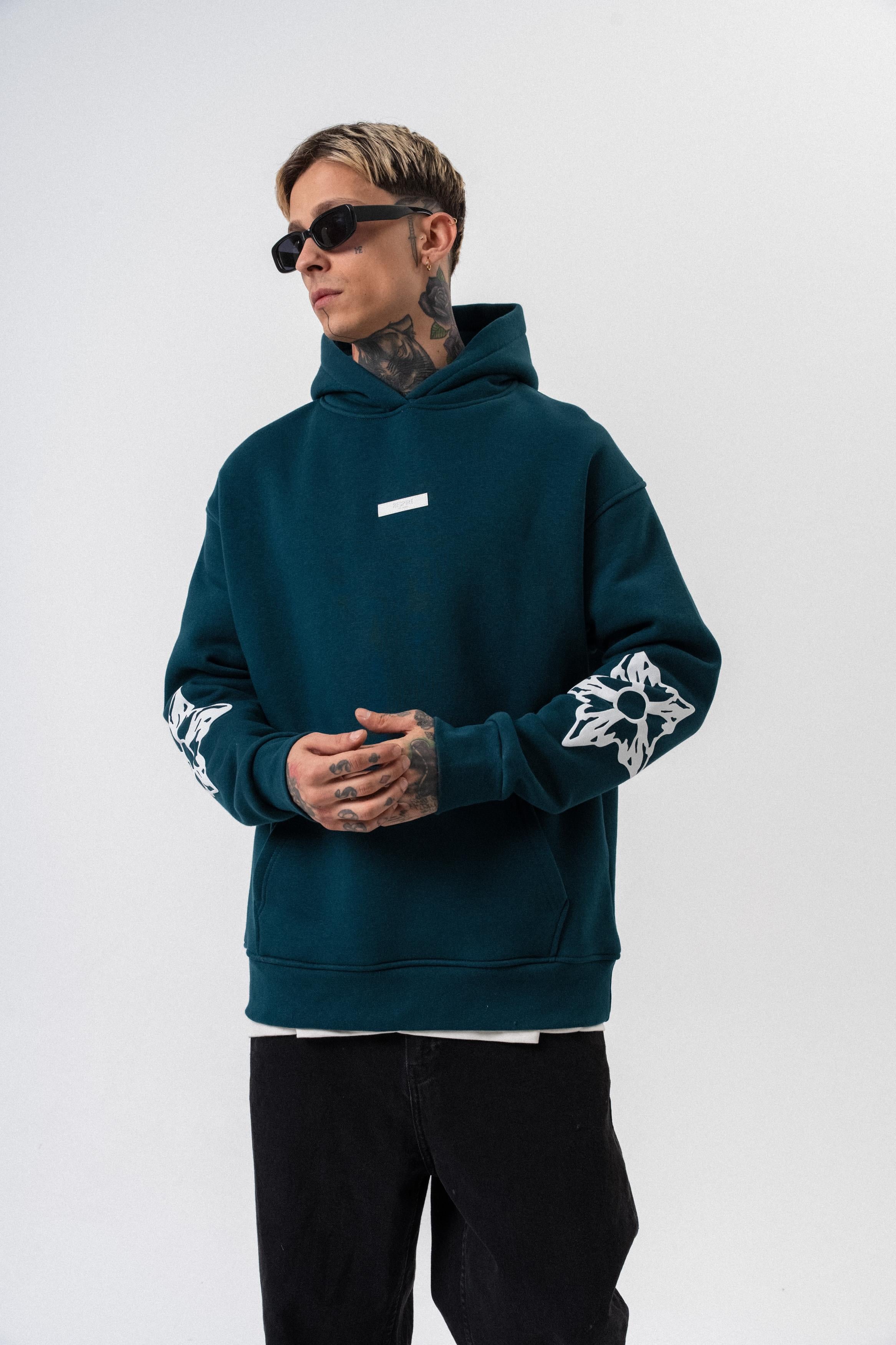 Erkek Astro Mode Baskılı Kapüşonlu Oversize Hoodie Zümrüt