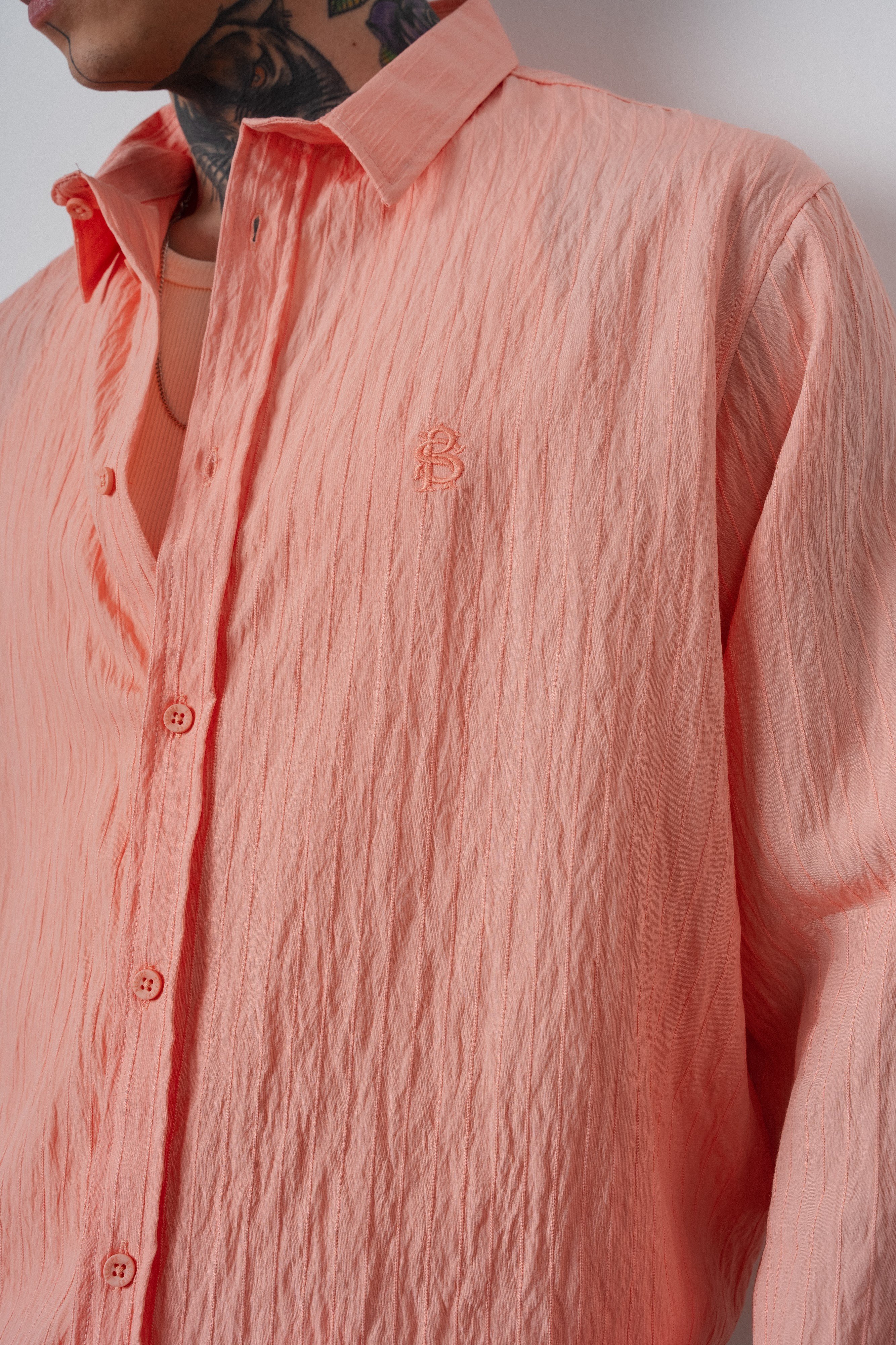 Erkek B Nakışlı Uzun Kollu Oversize Gömlek Pembe