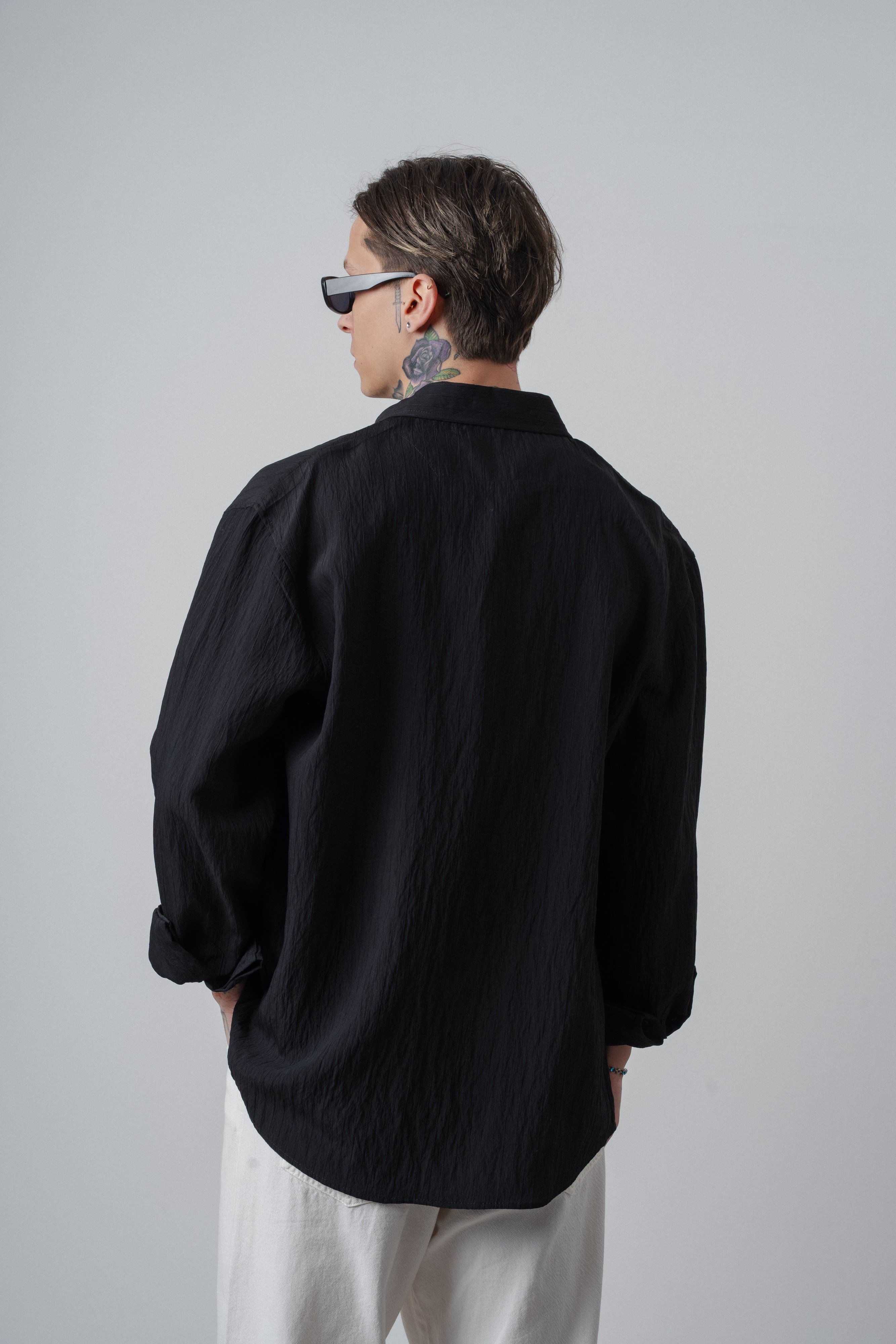 Erkek B Nakışlı Uzun Kollu Oversize Gömlek Siyah