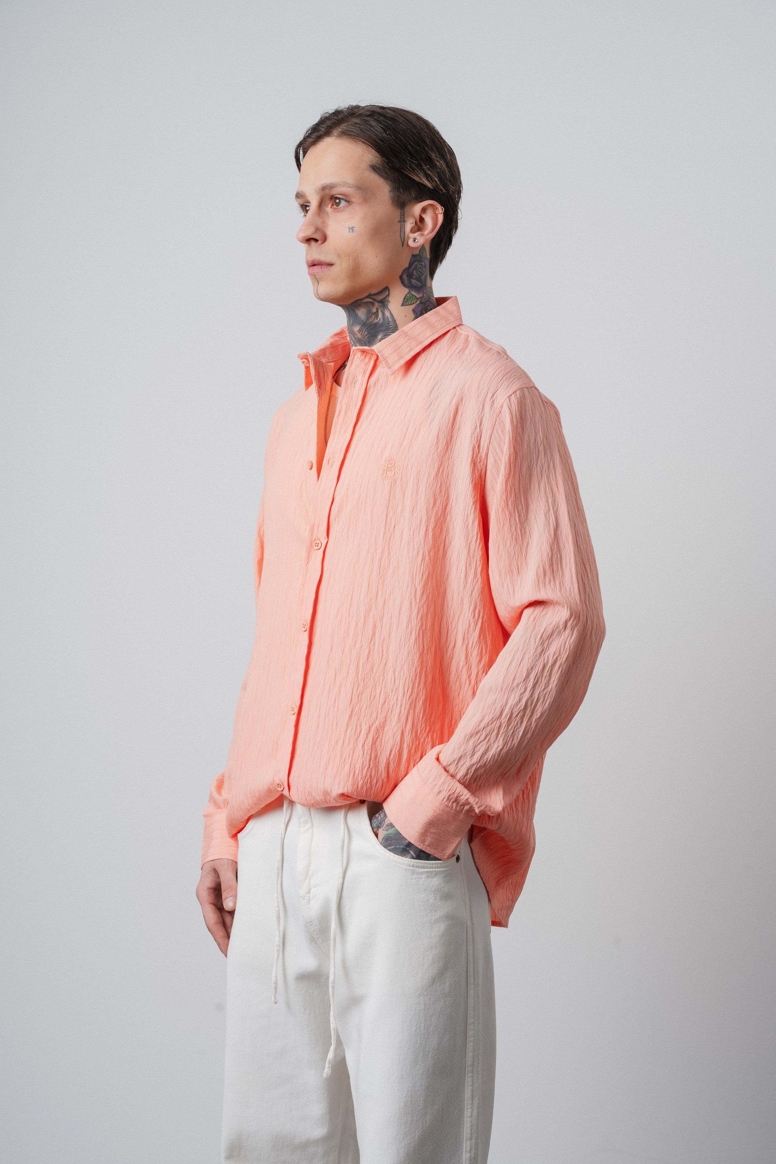 Erkek B Nakışlı Uzun Kollu Oversize Gömlek Pembe