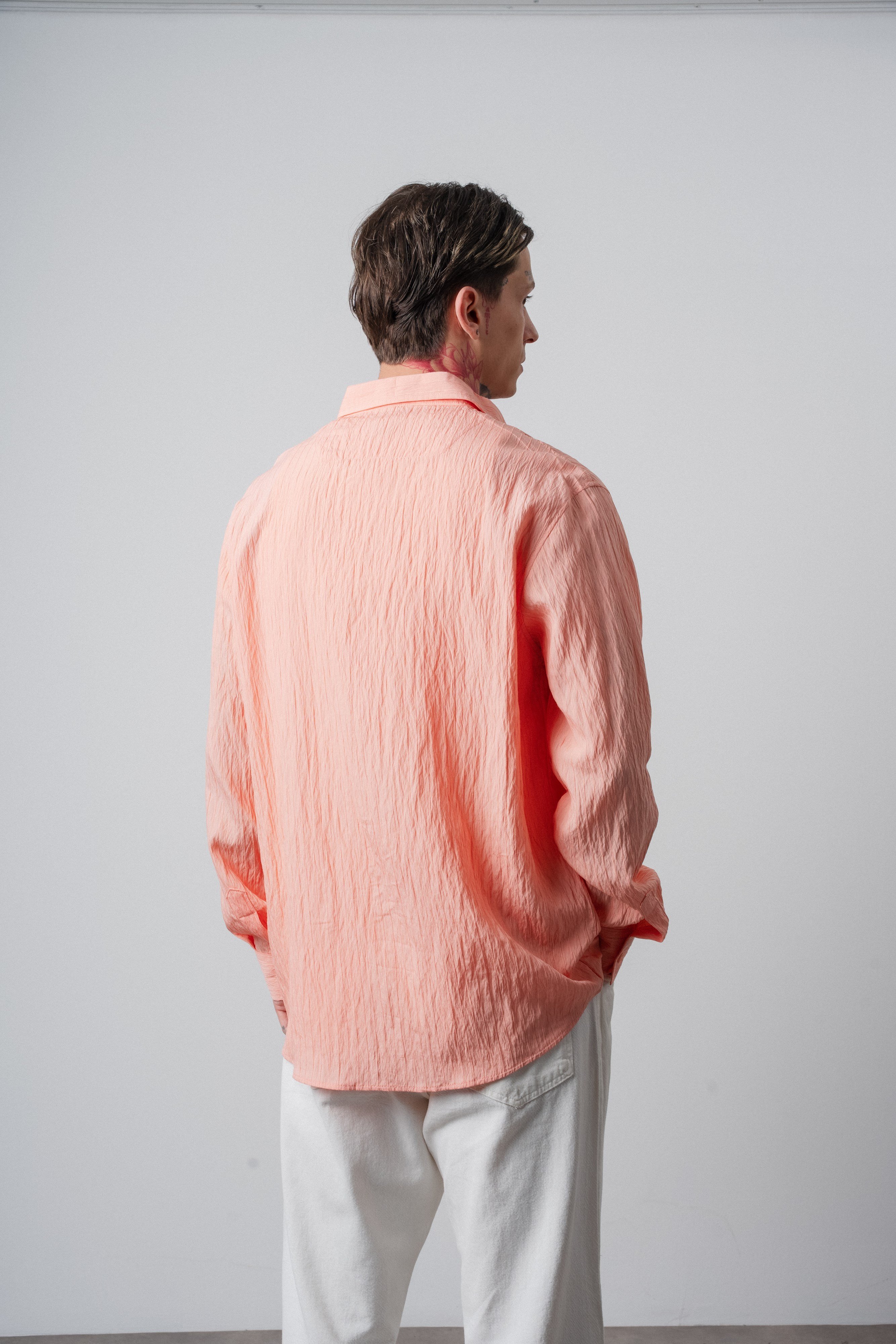 Erkek B Nakışlı Uzun Kollu Oversize Gömlek Pembe